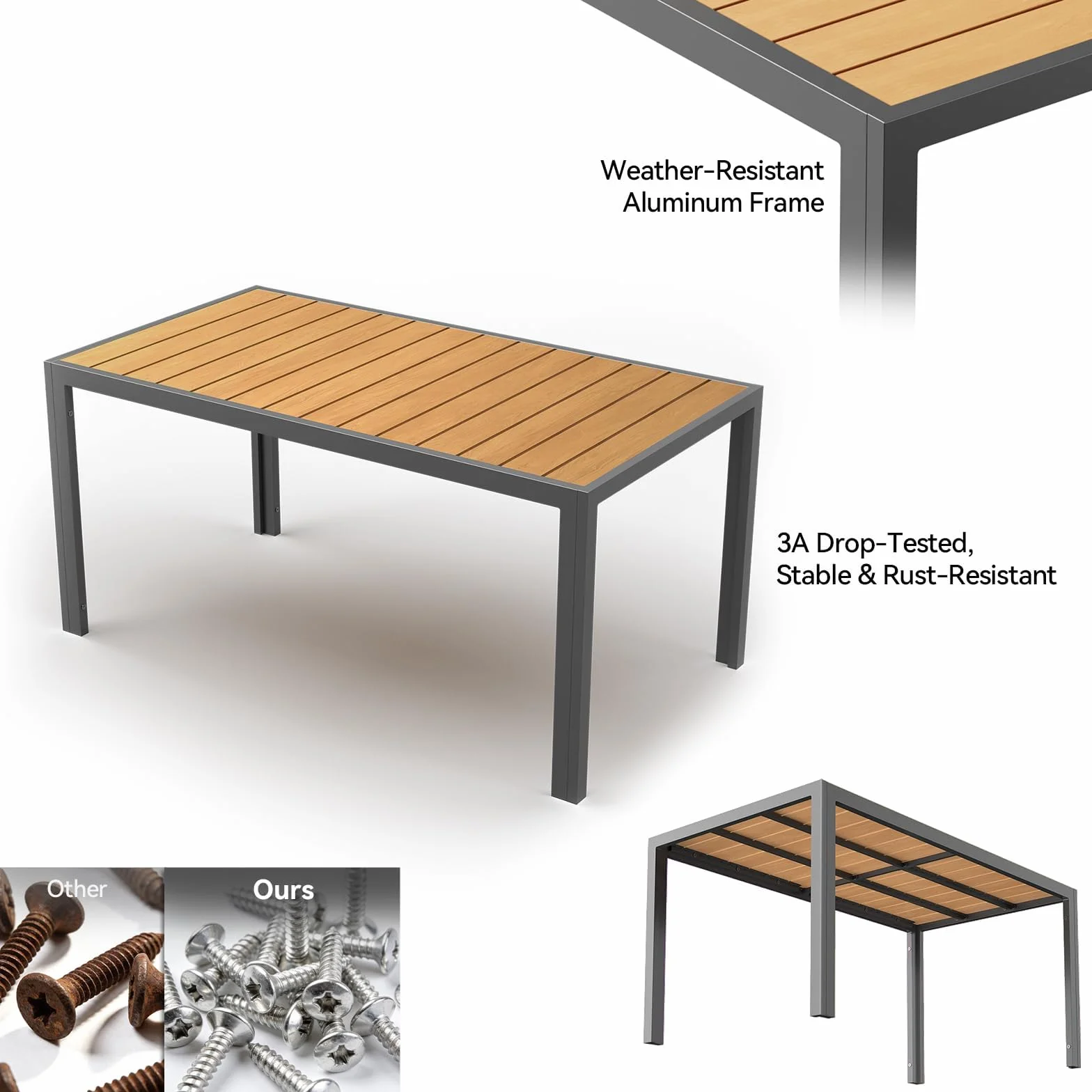 JUMMICO Table de Jardin Extérieur 150x80cm Aluminium Aspect Bois Antirouille Imperméable