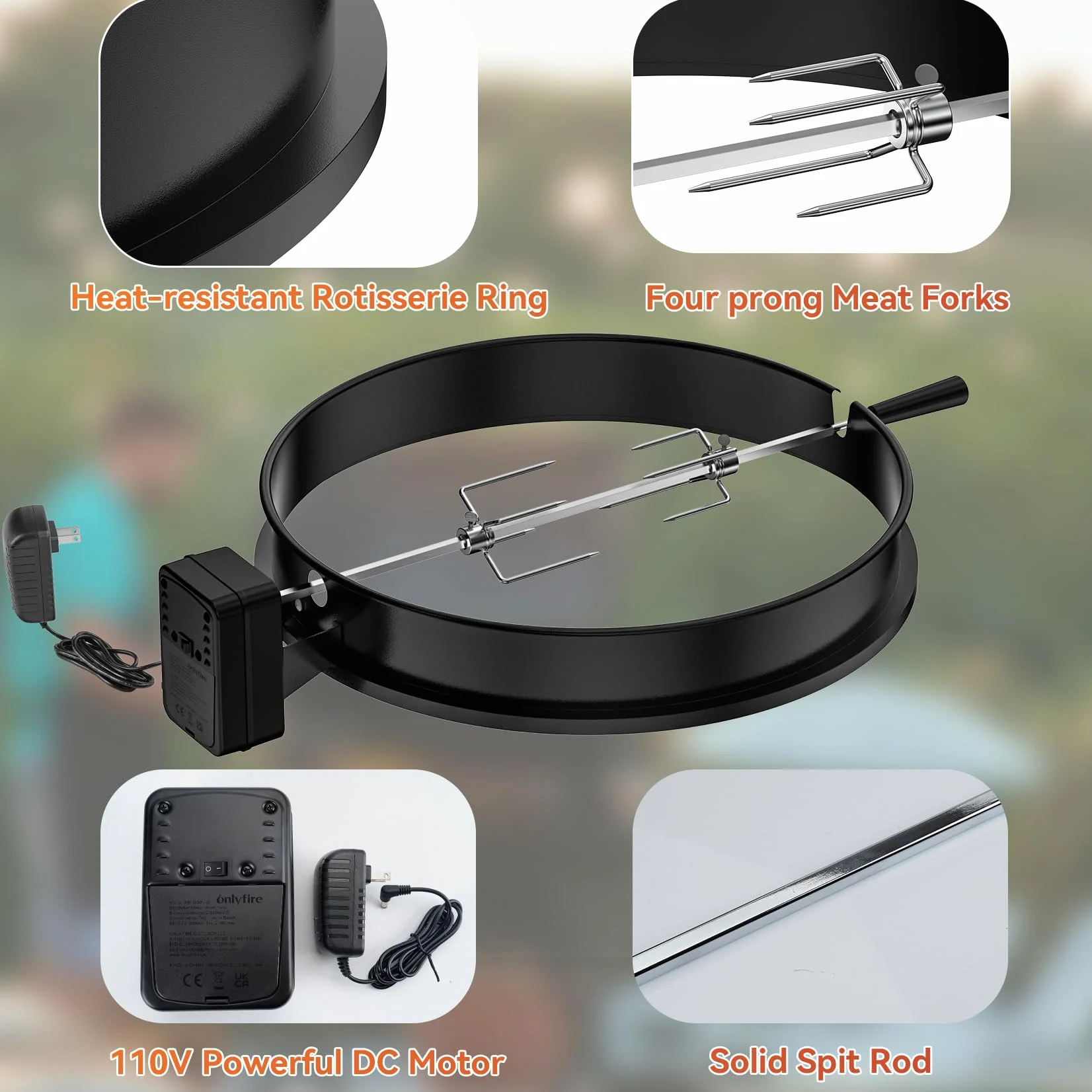 onlyfire Kit de Brochettes Rotisserie avec Moteur DC et Adaptateur, Set de Tournebroche pour Weber Kettle 57cm et Autres Modèles de Taille Similaire, avec 2 Aiguilles à Viande pour Poulet