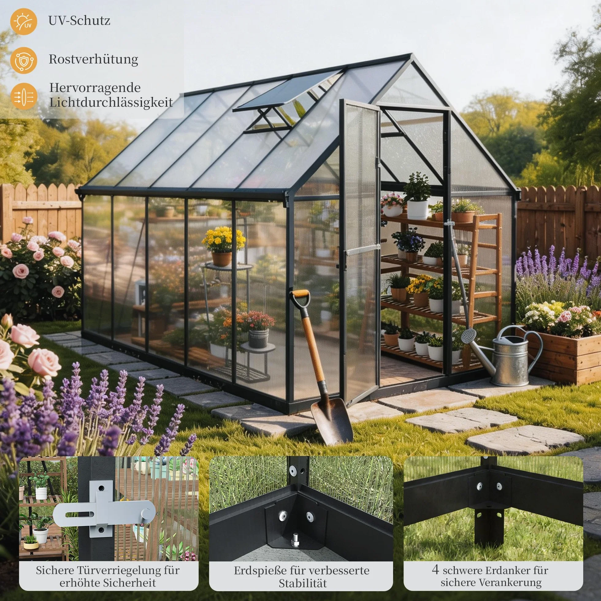 Serre de jardin en polycarbonate de 6 x 10 pieds praticable, maison de plantes de jardin extérieur avec ventilation, porte verrouillable, cadre en aluminium