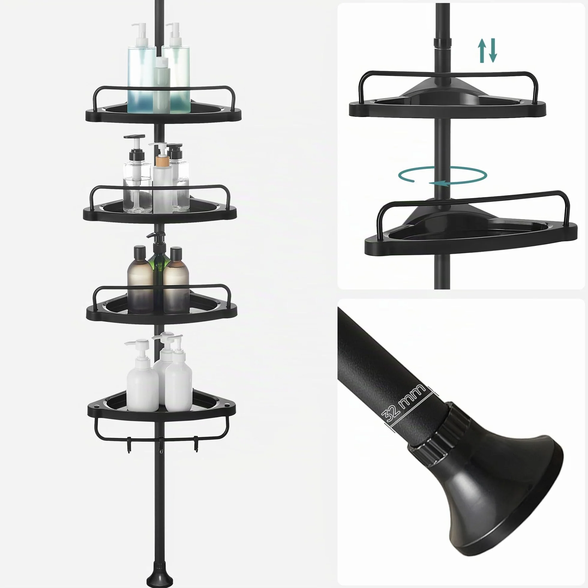 SONGMICS Étagère de Douche Réglable 4 Niveaux, Étagère d'angle Télescopique, Hauteur 85-305 cm, Rangement Salle de Bain Noir