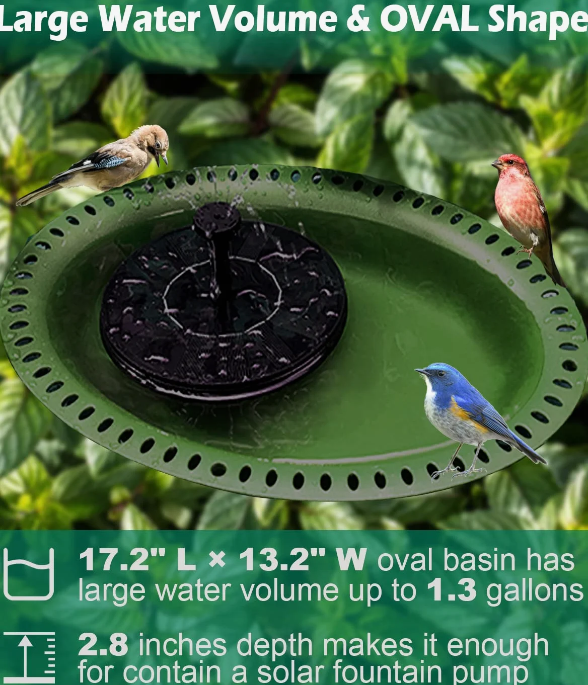 Bain d'oiseaux amovible de 73,6 cm de hauteur avec support en métal, bol ovale pour oiseaux et mangeoire à oiseaux avec base à 5 dents pour jardin extérieur, vert