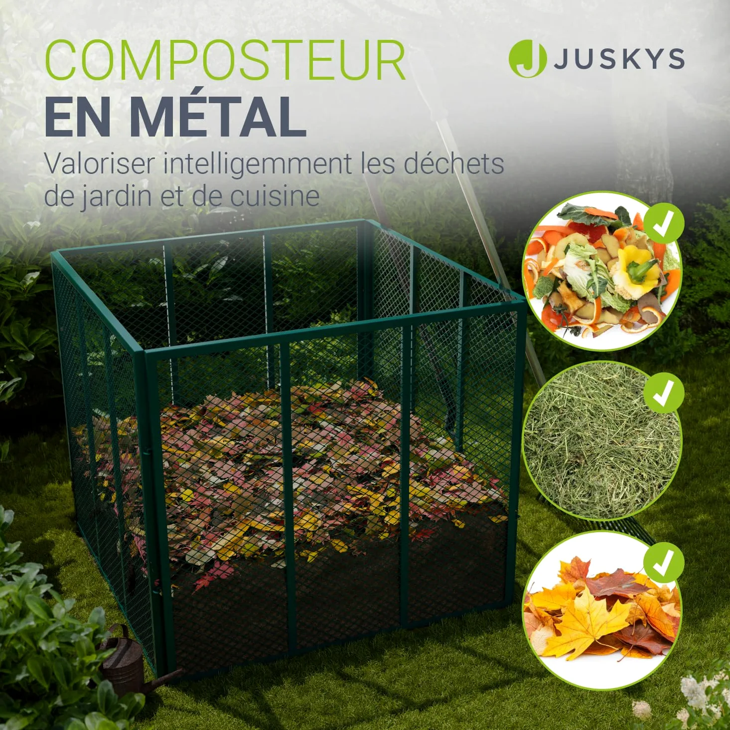 Juskys composteur en métal 800 L, Acier galvanisé et thermolaqué, résistant aux intempéries, aération par Cadre grillagé, compostage Rapide – Vert foncé