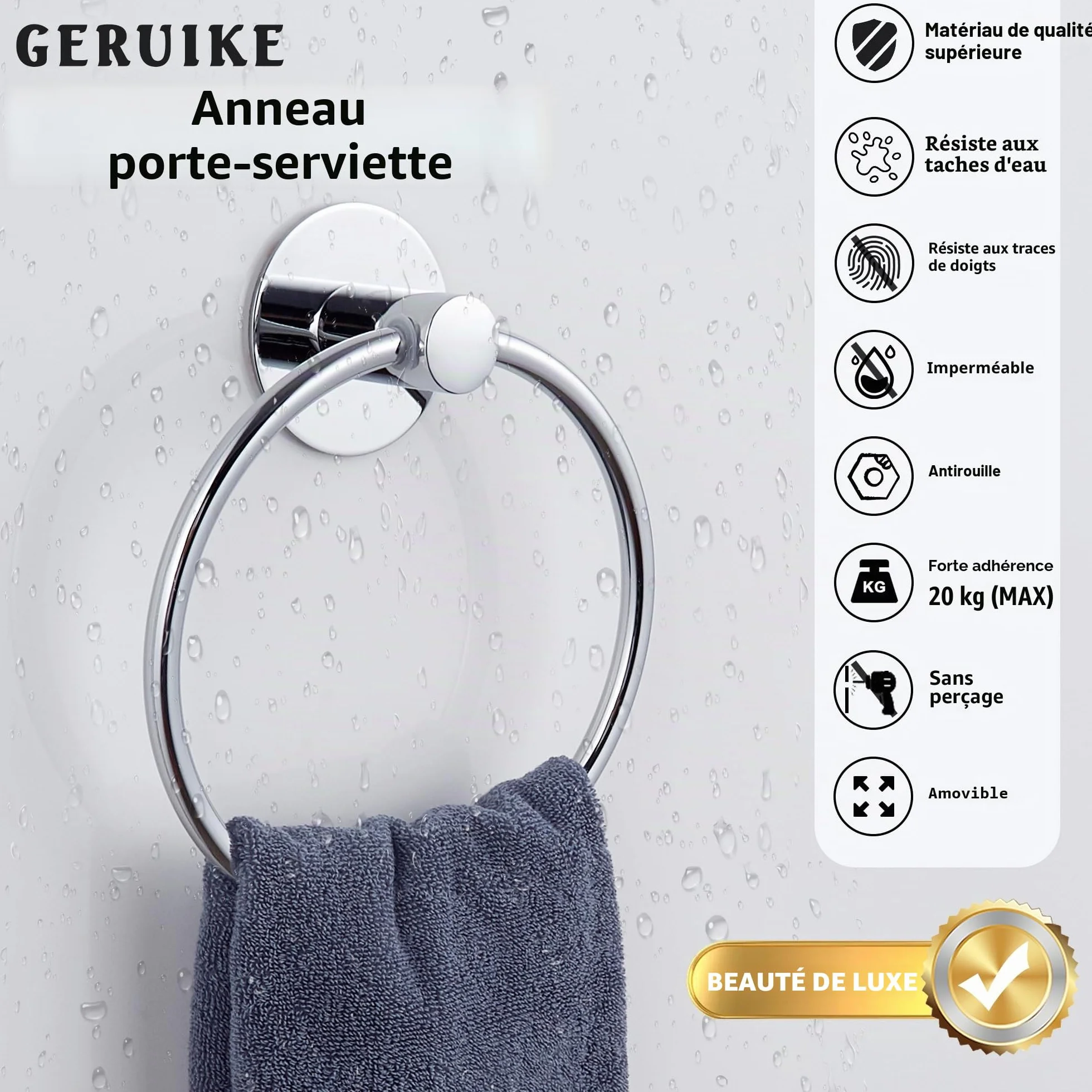 Anneau Porte Serviette Salle de Bain sans Percage - Support Serviette Murale Adhésif Acier Inoxydable Chromé