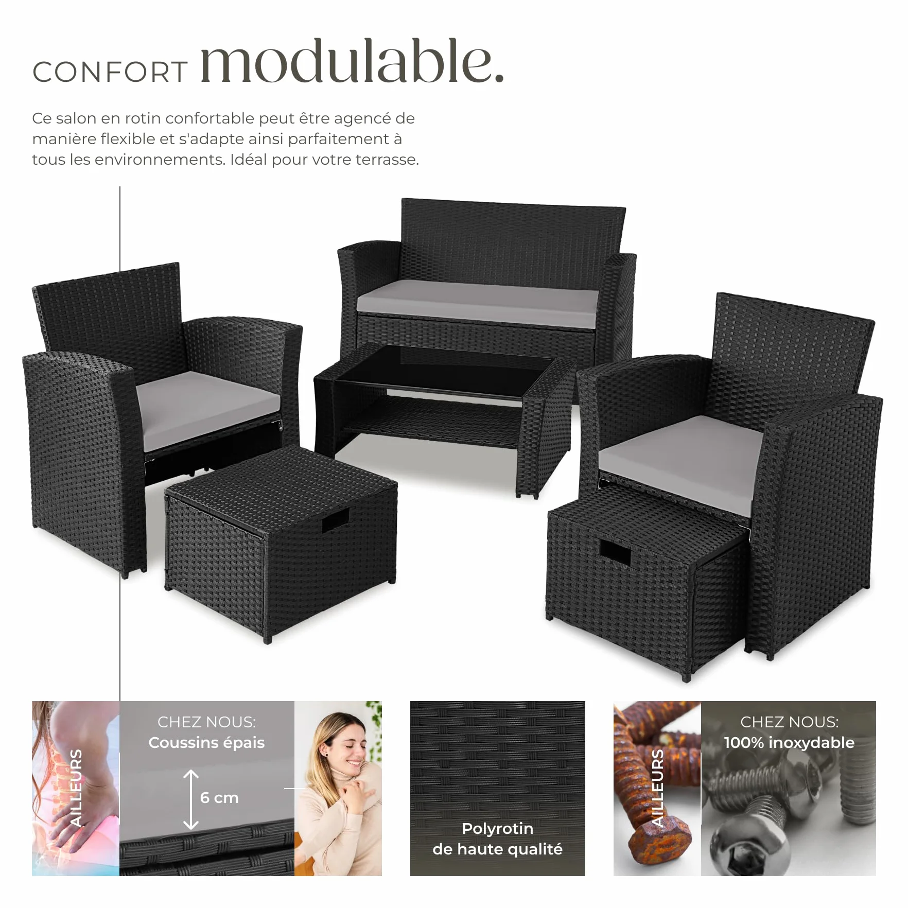 tectake Ensemble Salon de Jardin Poly Rotin 1 Banquette 2 Fauteuil 2 Tabouret 1 Table Jardin Noir/Gris