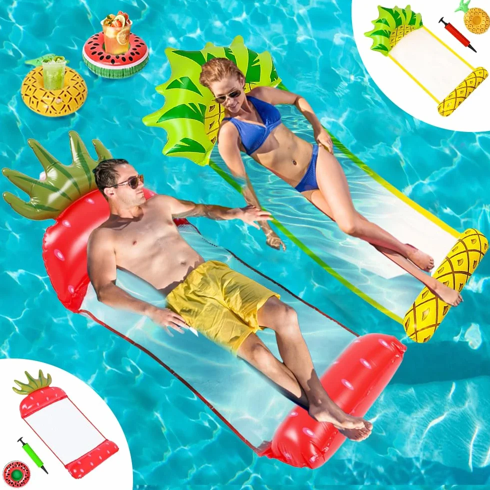 2Pcs Flottant Hamac Gonflable, 4 in 1 Matelas Filet Piscine Gonflable, Hamac Piscine Portable avec 2 Pompe à Air Manuelle 2 Porte-Boissons Gonflables, Matelas Piscine Pliable pour Plage, Partie