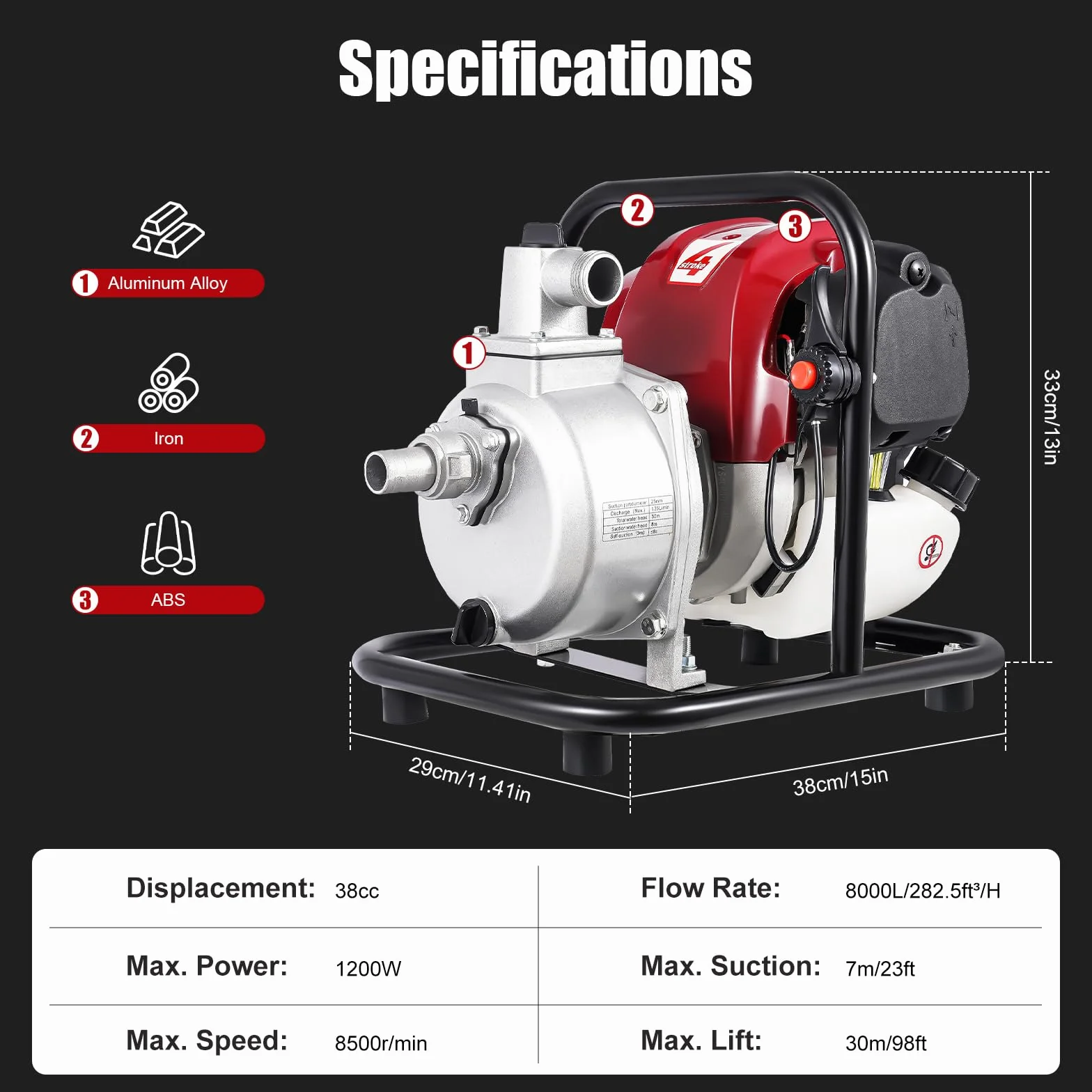 Pompe à eau à essence 4 temps 38 CC 1200 W 8500 tr/min centrifuge portable