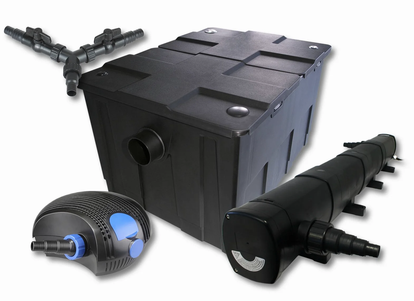 SunSun Kit complet: CBF-550 Filtre de bassin jusqu'à 60000 L Biologique, CTF-12000 SuperECO pompe de filtration 12000l/h 100W, CUV-272 lampe uv UVC Clarificateur avec 72W, Y-distributeur