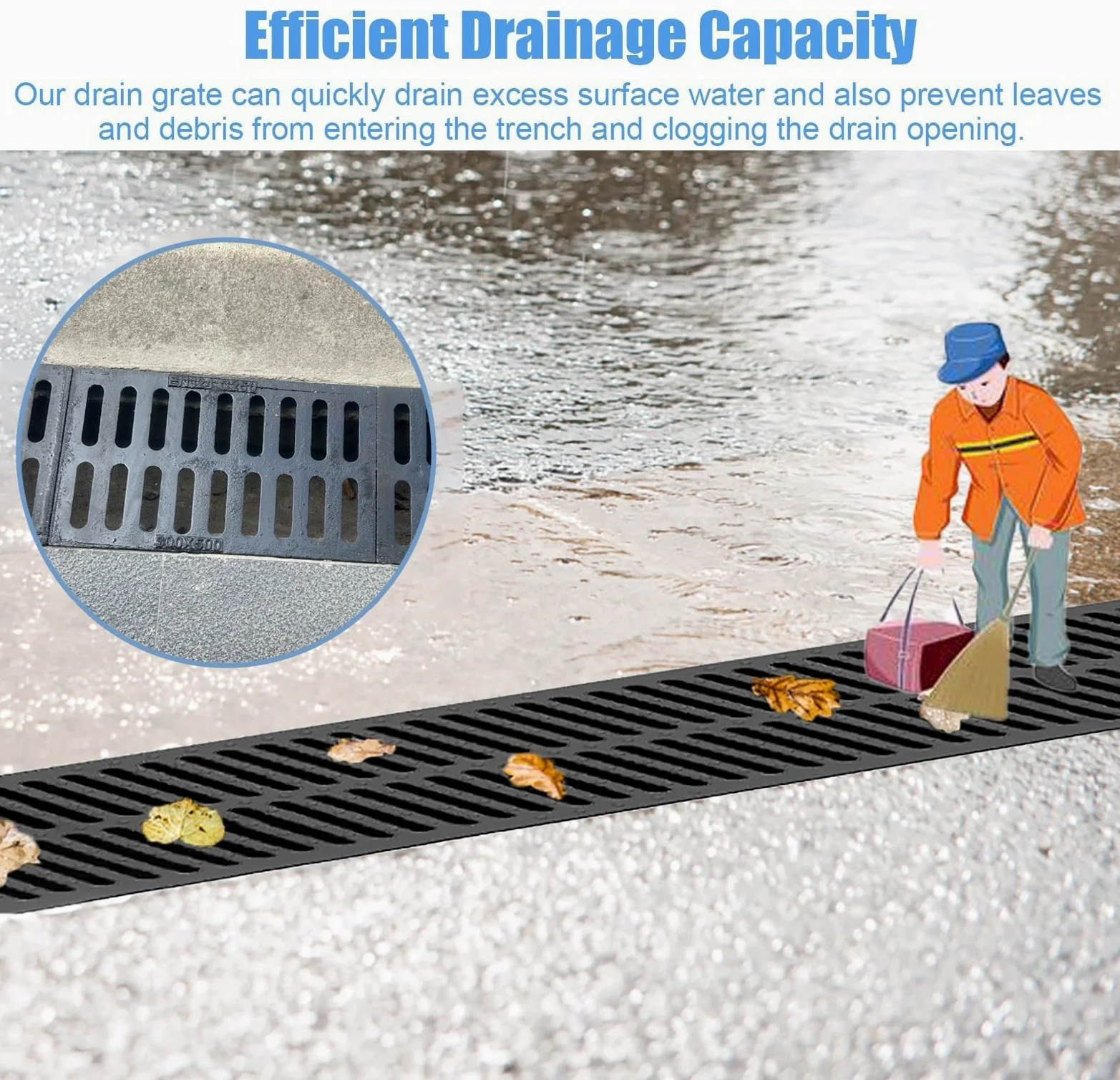 Caniveau Exterieur Grille de Drainage en Fonte Robuste pour Cour, Couvercle de Drain de Sol de Sous-sol Rectangulaire Durable, Grille de Drainage D'égout Amovible pour Bloquer Les Débris(50x30x3cm/19.