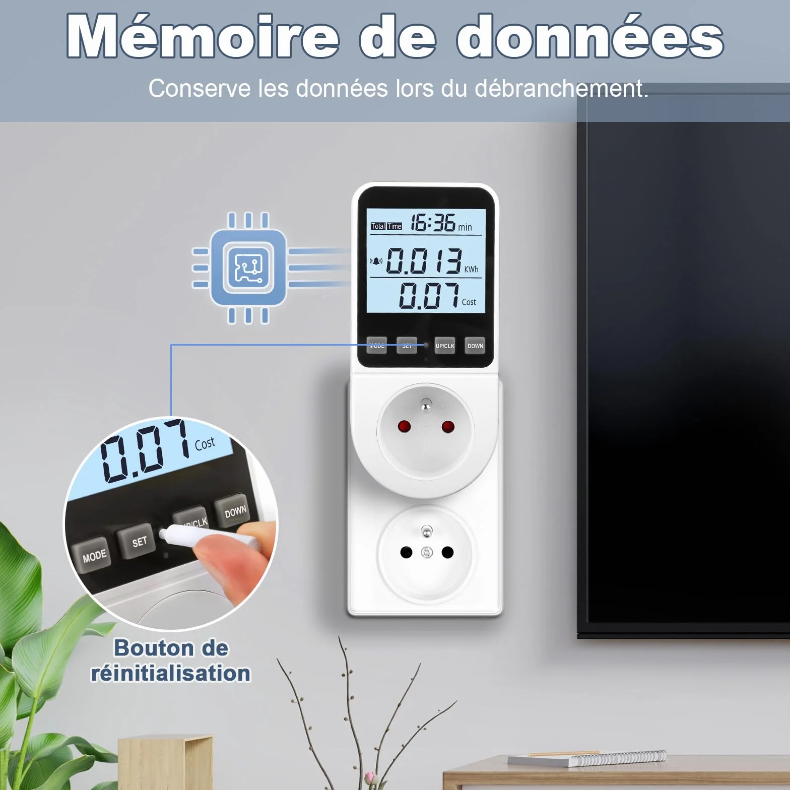 Wattmètre Prise Compteur d'Énergie 8 Modes, Écran LCD Rétroéclairé, Alarme Surcharge 3680W