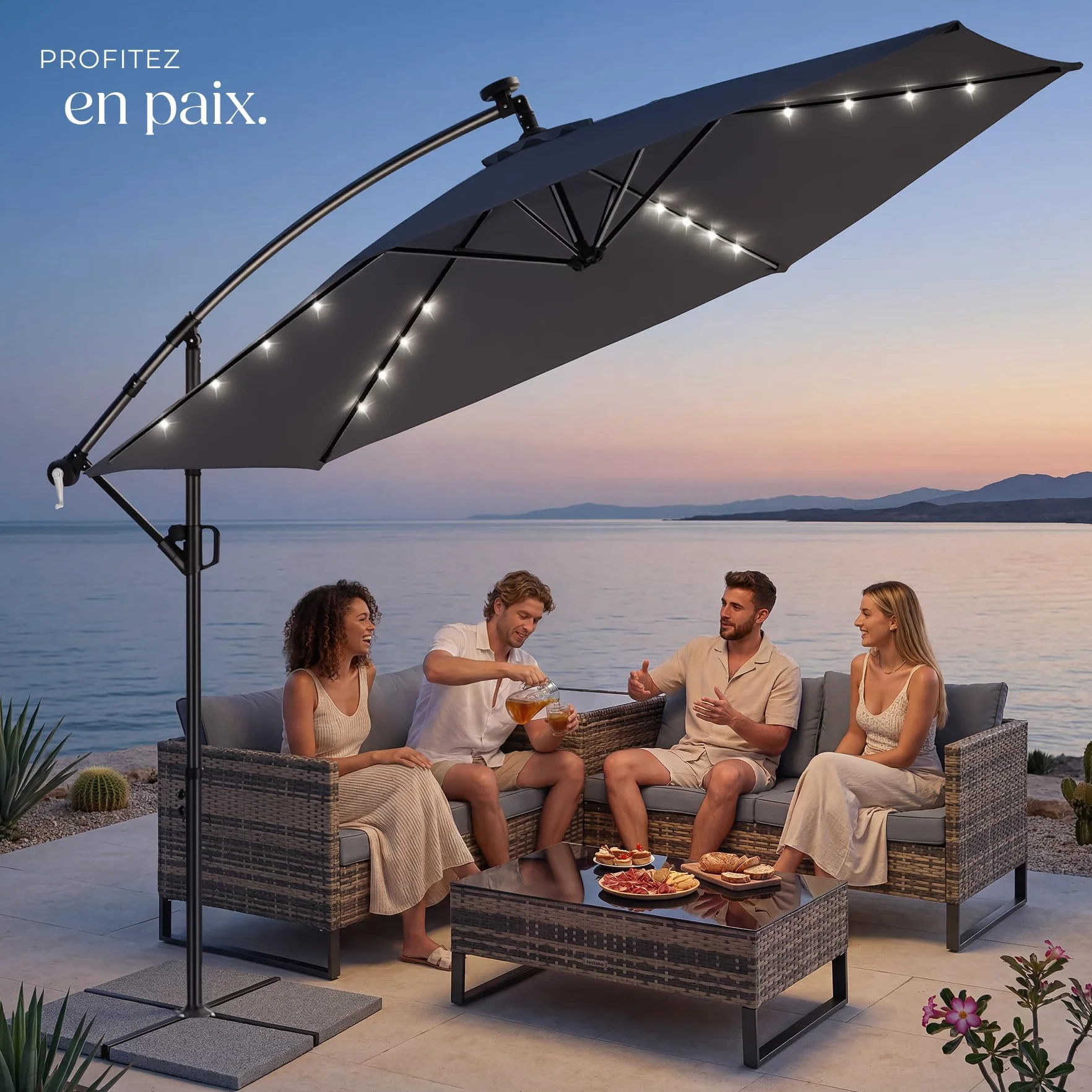Tectake Parasol déporté 3,5 x 3,5 m avec Éclairage LED Pivotant 360° Inclinable UV 50+ Panneau solaire Jardin Terrasse