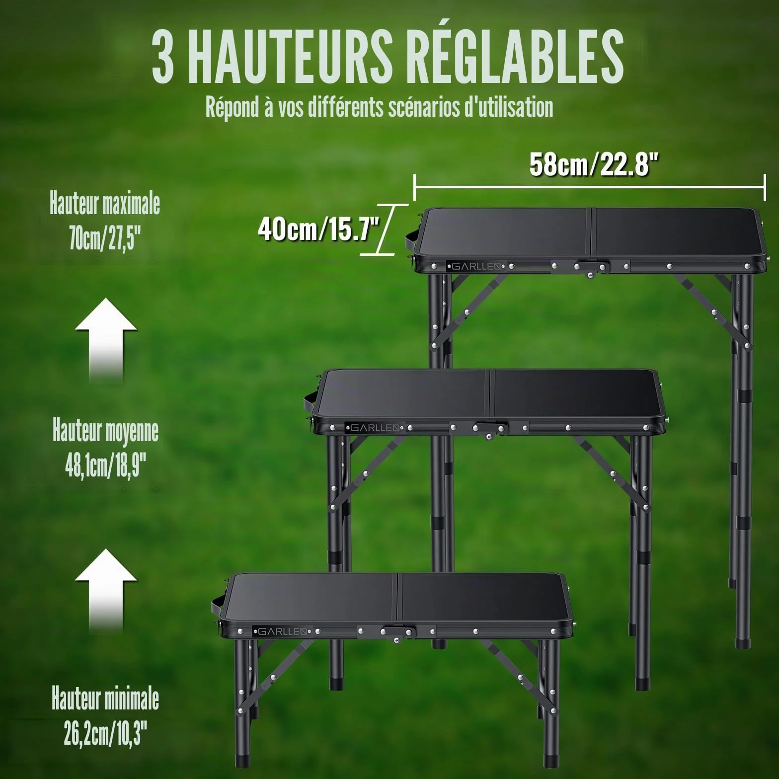 GARLLEN Table de Camping Pliante 58x40 cm 3 Hauteurs Réglables Noir