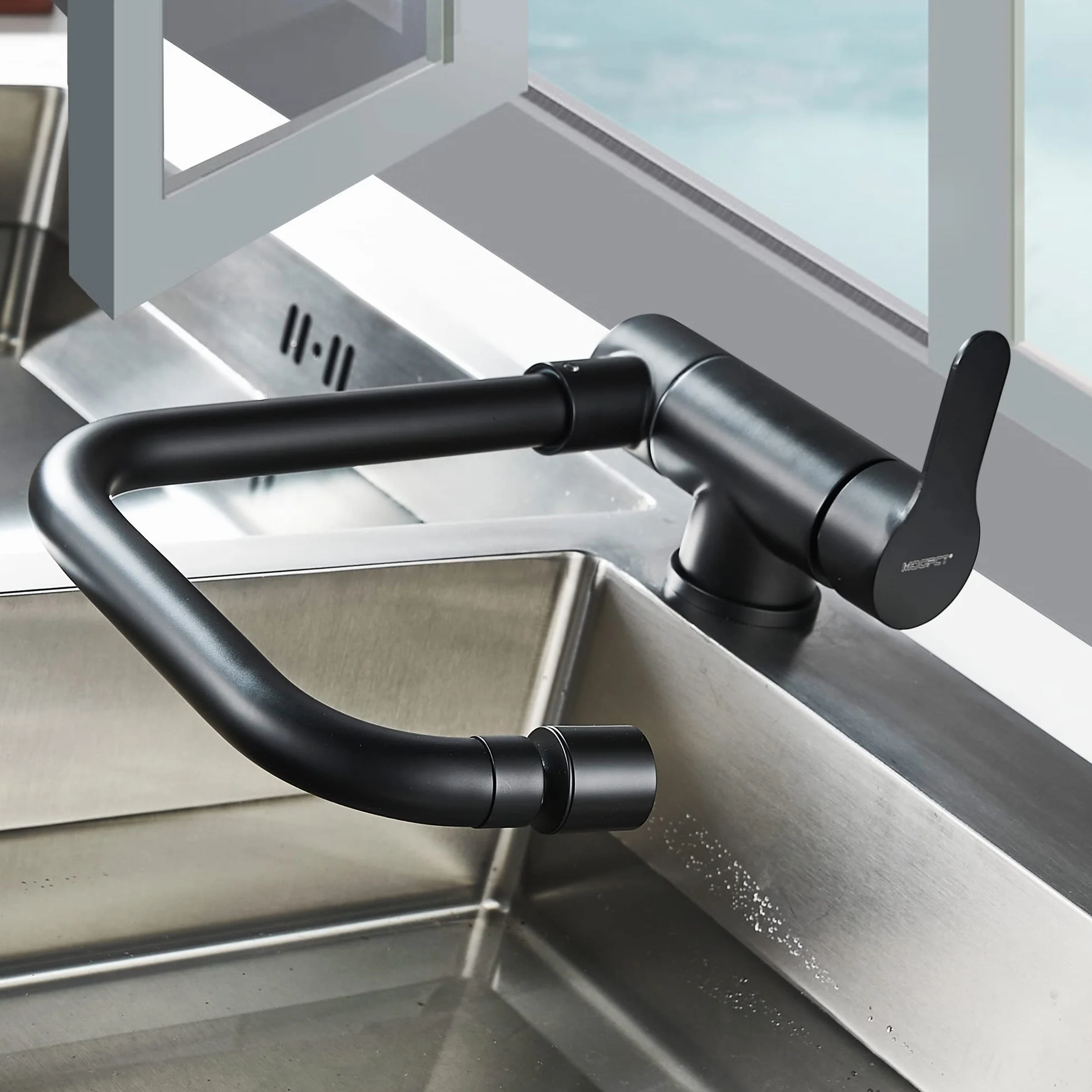 Robinet de cuisine rotatif 360° 2 modes pulvérisation pliable levier unique noir mat