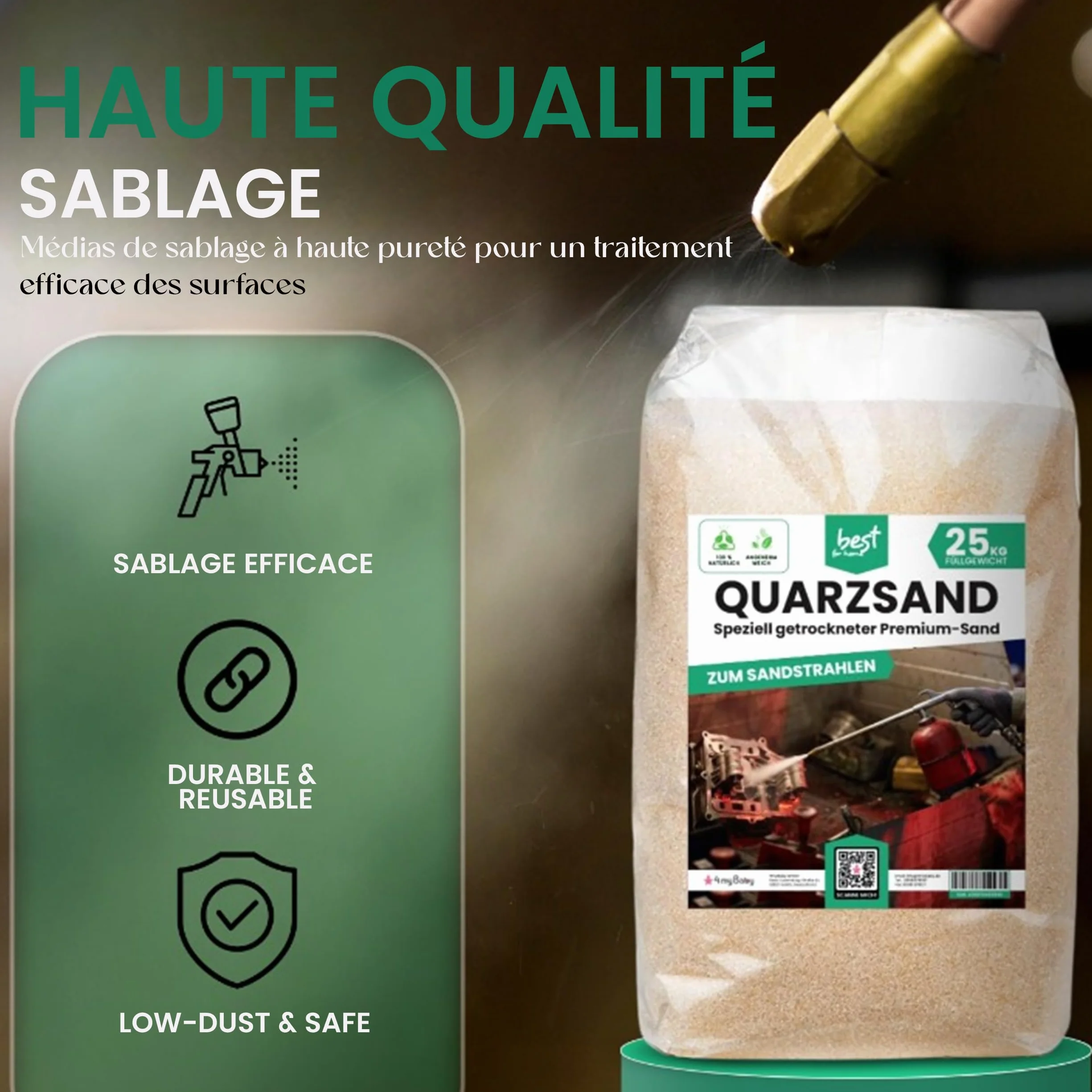 Quartz Sable pour Sableuse 25kg | Sable de Sablage Fin (0,8-1,4) | Agent Réutilisable pour Pistolet | Abrasif pour Bois, Métal