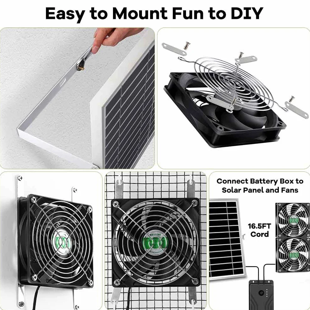 Ventilateur solaire rechargeable IPX7 avec batterie pour poulailler serre abri de jardin extérieur