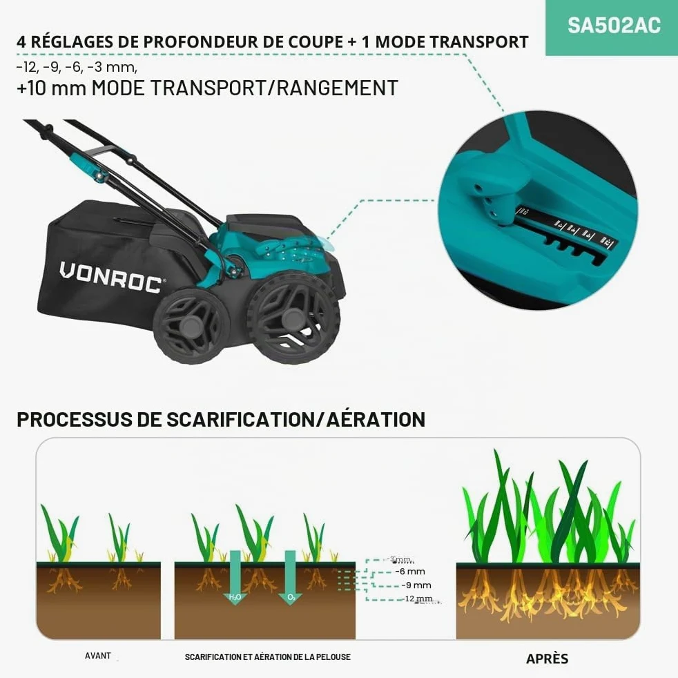 VONROC Scarificateur - Aérateur - 1500W - largeur de coupe 36 cm - 5 réglages : 4 réglages de profondeur de coupe (12/9/6/3 mm) + 1 mode transport (+10mm) - bac de ramassage 45L inclus
