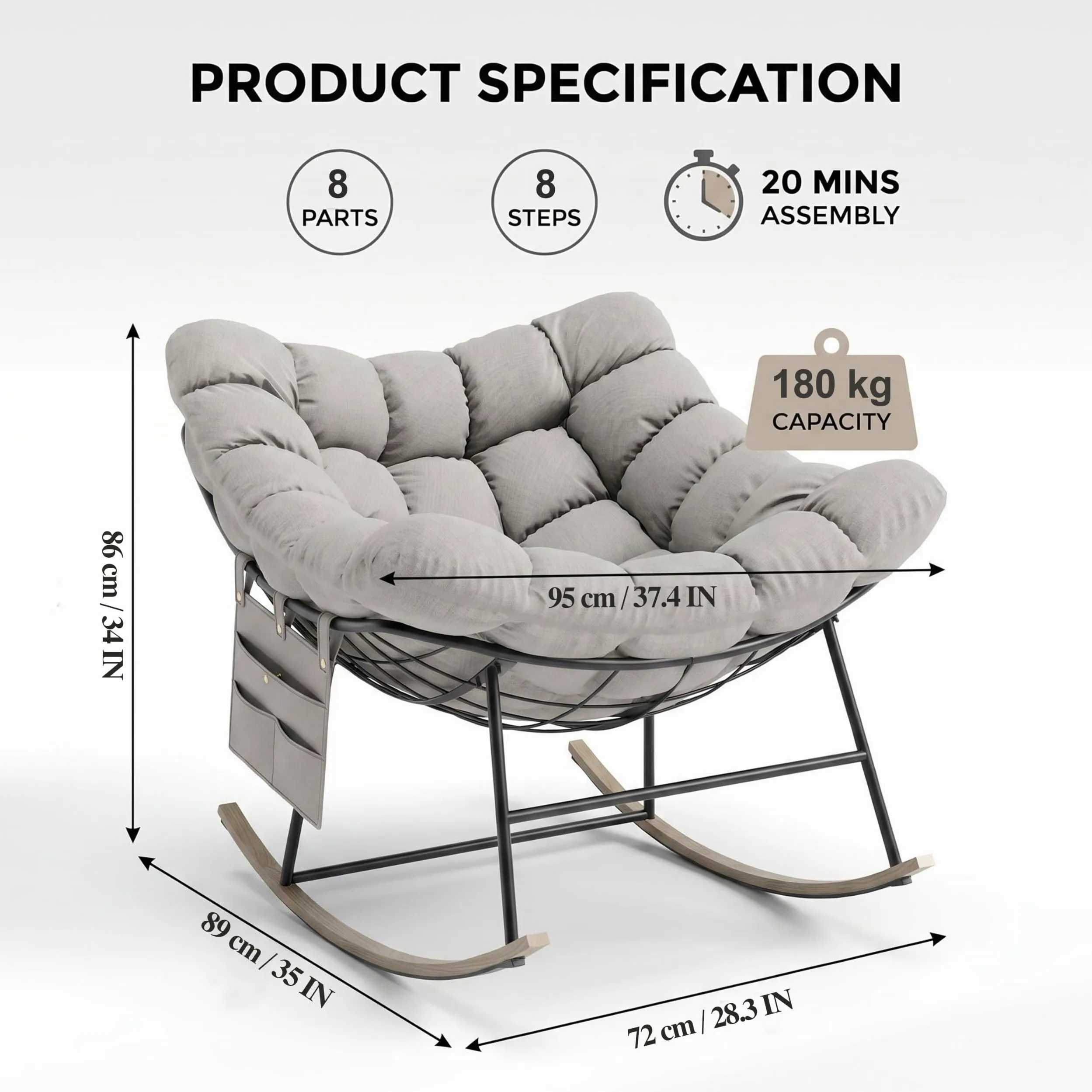 Fiutazge Lot de 2 Fauteuil à Bascule Papasan Surdimensionné Cadre Acier Charge 180kg,Coussin Rembourré pour Jardin Salon Balcon,Beige