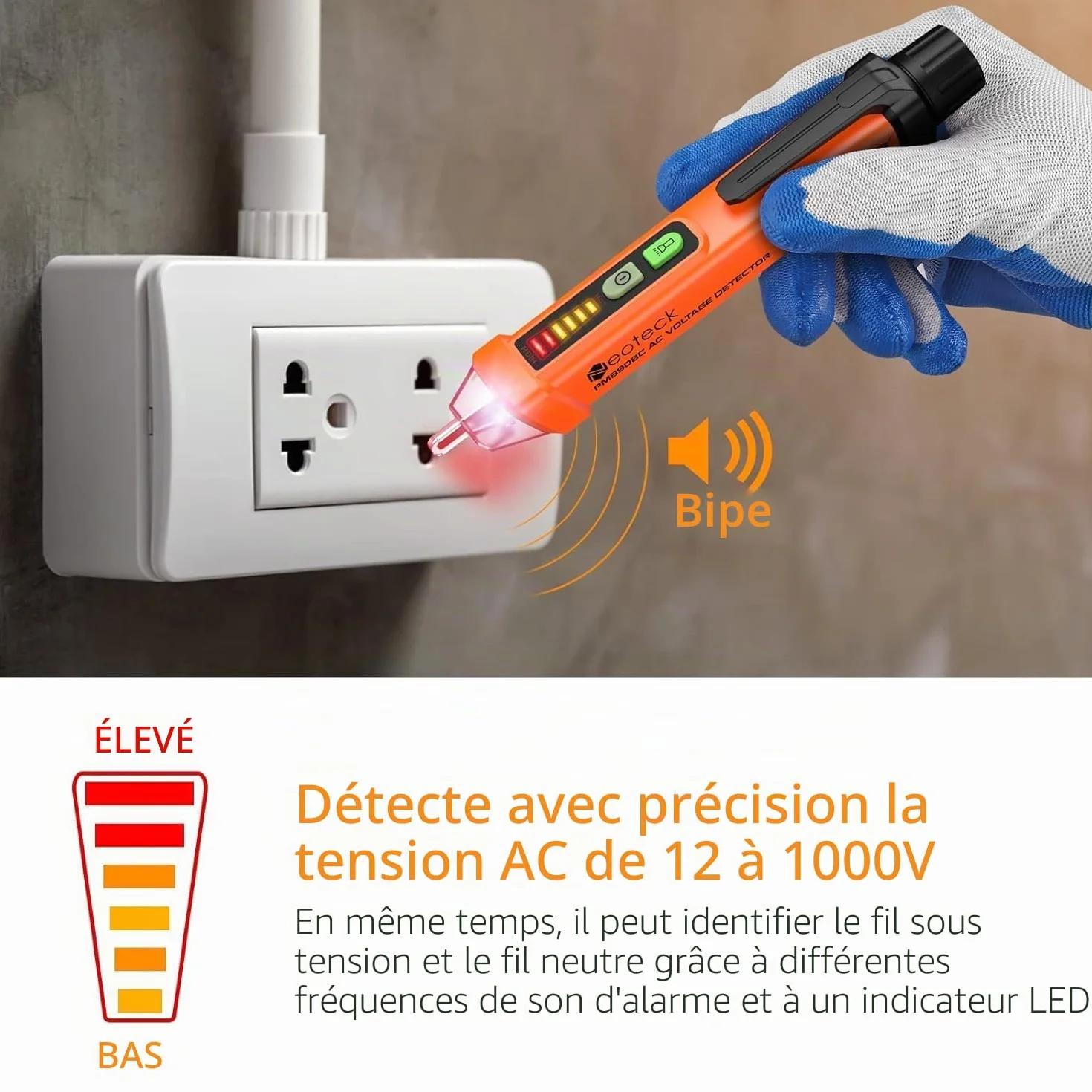 Neoteck Détecteur de Tension Sans Contact 12-1000V, Stylo Testeur NCV AC 50-500Hz