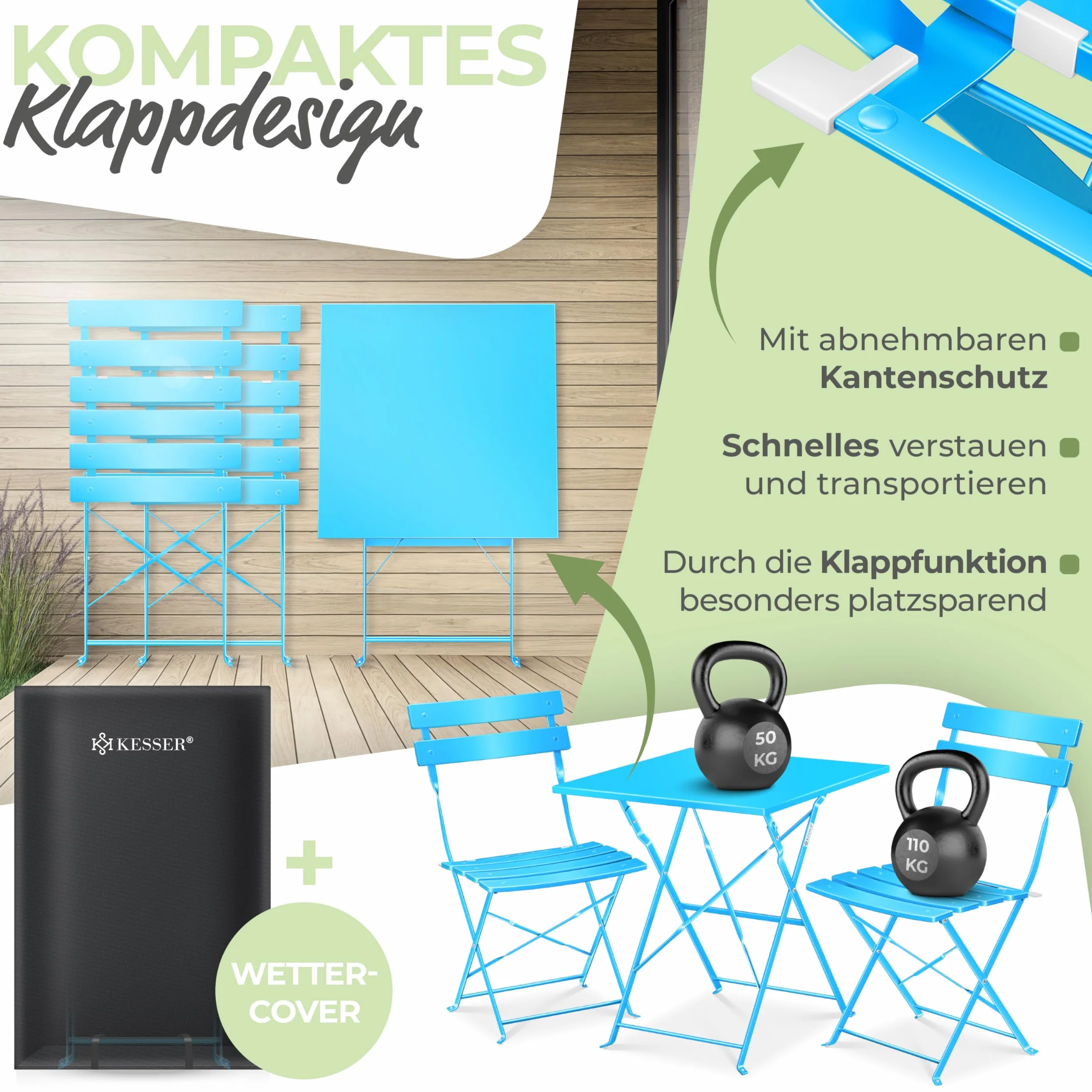 KESSER Ensemble de bistrot 3 pièces table et 2 chaises pliantes Mobilier de jardin extérieur résistant aux UV intempéries