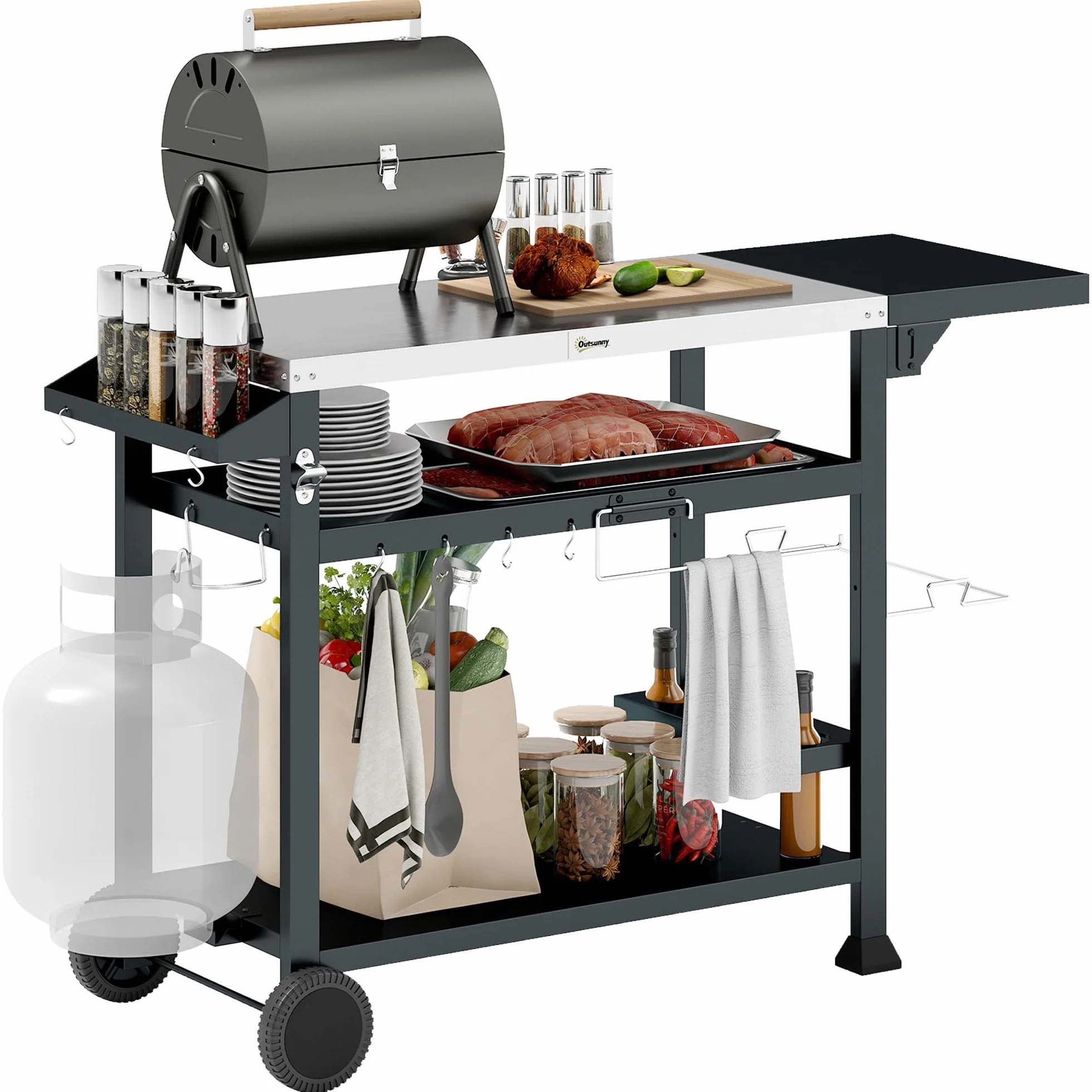 Outsunny Chariot Desserte Barbecue Plancha INOX 3 Étages 6 Crochets Tablette Rabattable 2 Roulettes
