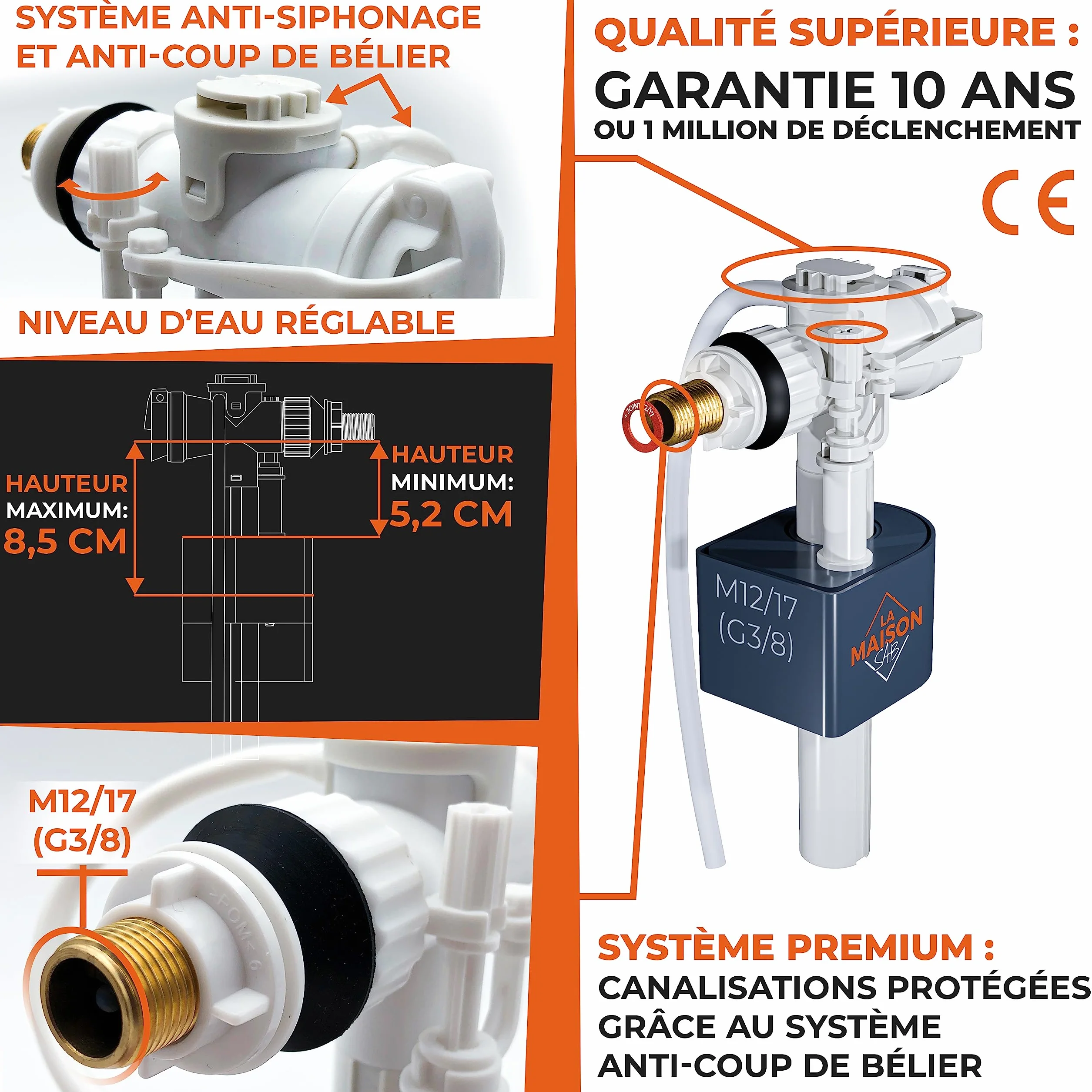 Flotteur WC Durable Robinet à Mécanisme Horizontal pour Toilette avec Joint et Filtre Garantie 10 ans