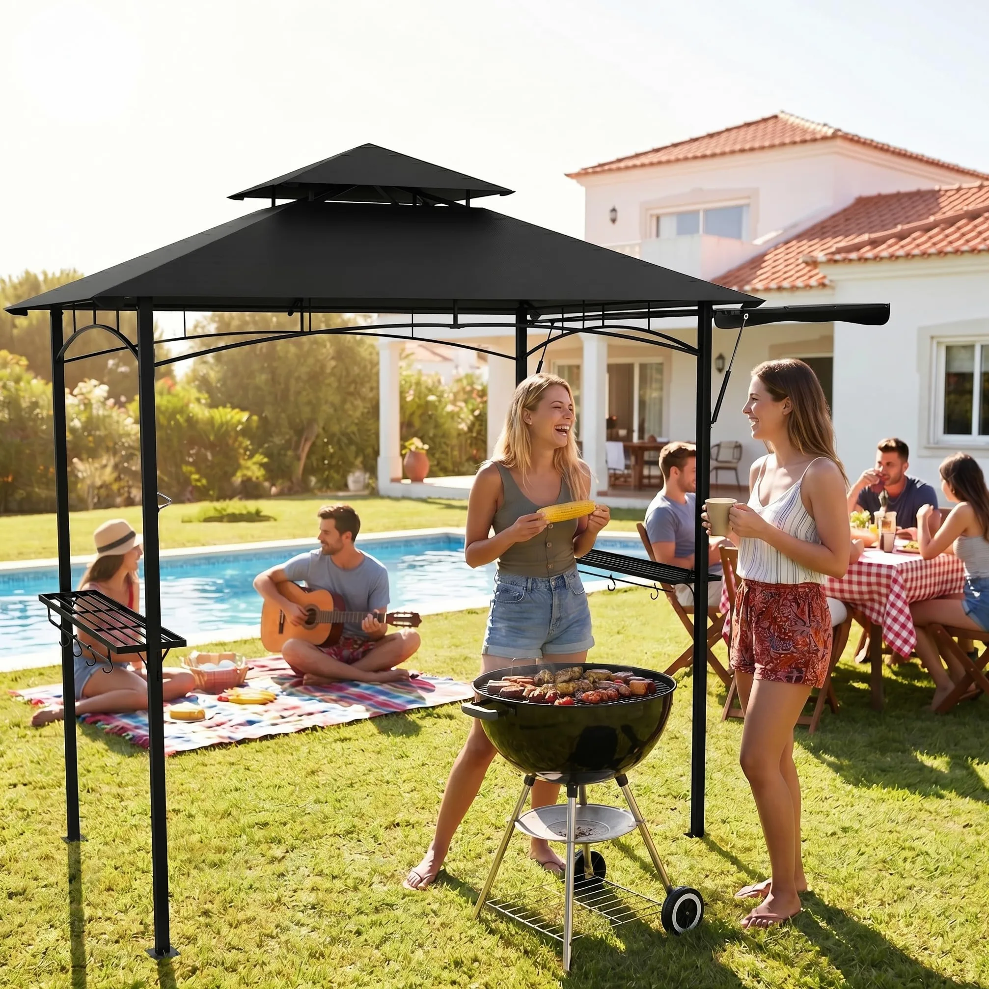 Tonnelle pour barbecue noire avec double toit et store latéral escamotable, 245x141 cm - Tonnelle pour barbecue avec cadre en métal et étagères pratiques, abris de jardin résistants aux