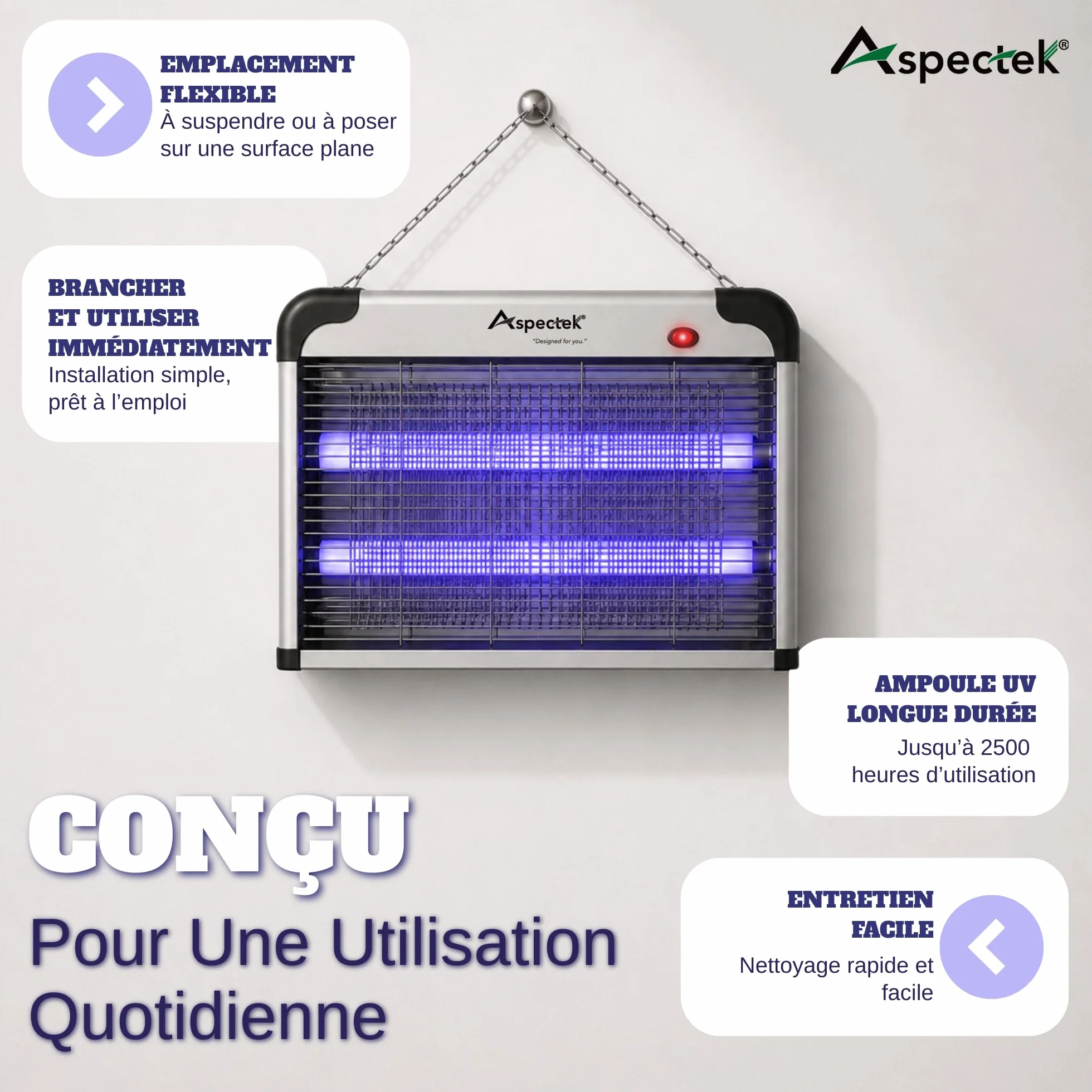 ASPECTEK Piège à Insectes Électrique 20W UV 2800V Tue-Moustiques Mouches Moucherons