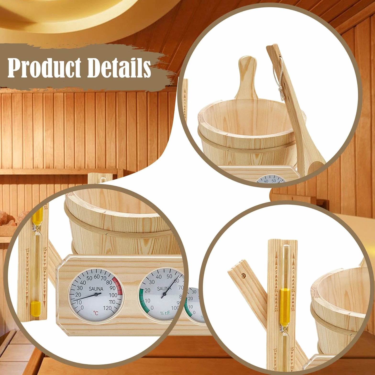 MagiDeal Kit Accessoires Sauna, Seau 4 L avec Poignée, Thermomètre Hygromètre, Louche, Sablier, Bois de Pin