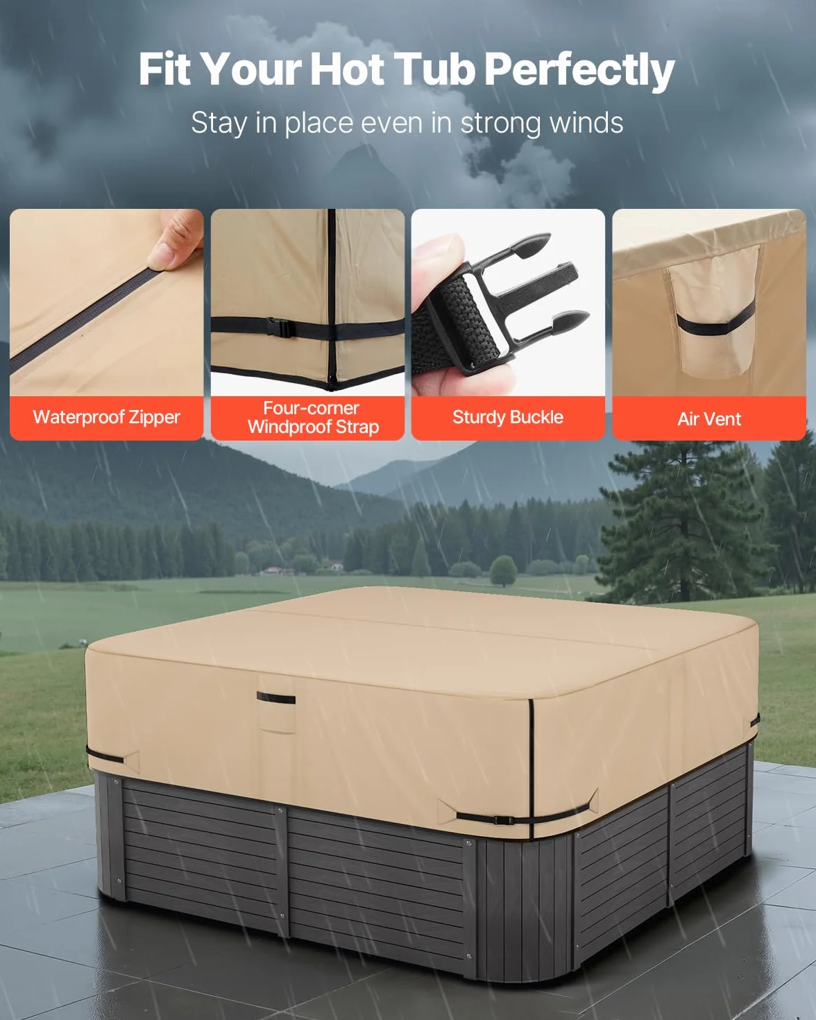 VEVOR Housse de Protection pour Spa extérieur, 2285 x 2285 x 508 mm, Couverture pour Spa, résistante aux intempéries et à l'eau, Tissu Oxford 600D Robuste et résistance à la déchirure 950N, Marron