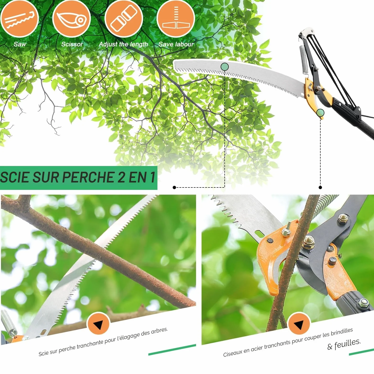 Scie à perche extensible pour l'élagage des arbres, sécateur manuel à long manche de 4 m, lame tranchante en acier de 30 cm