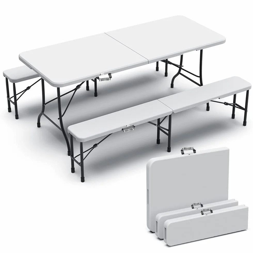 Ensemble Table Pliante et Bancs Pliables Camping 180cm HDPE Polyrotin 8 Places Blanc