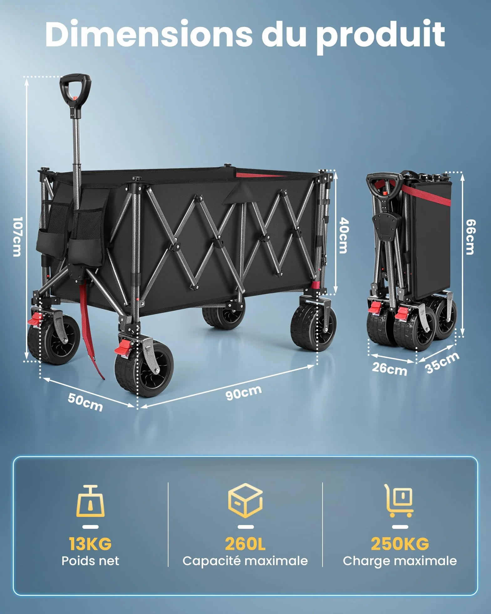Chariot Pliable 260L 250KG, Chariot de Plage Tout-Terrain Léger 13KG, Roues Large 17cm