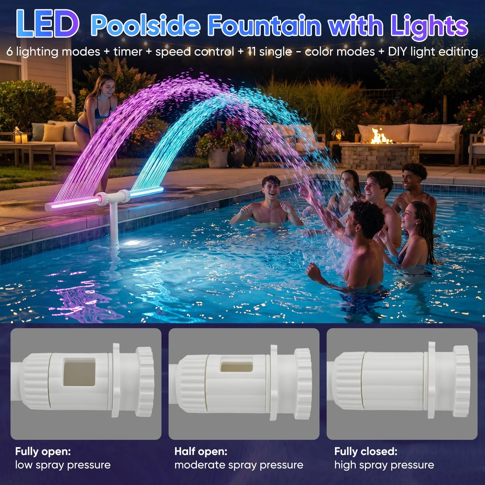 Fontaine Solaire à Double Tête avec Éclairage RGB, 11 Couleurs, Contrôle par APP, Jet Réglable 0,5–3 m pour Piscine