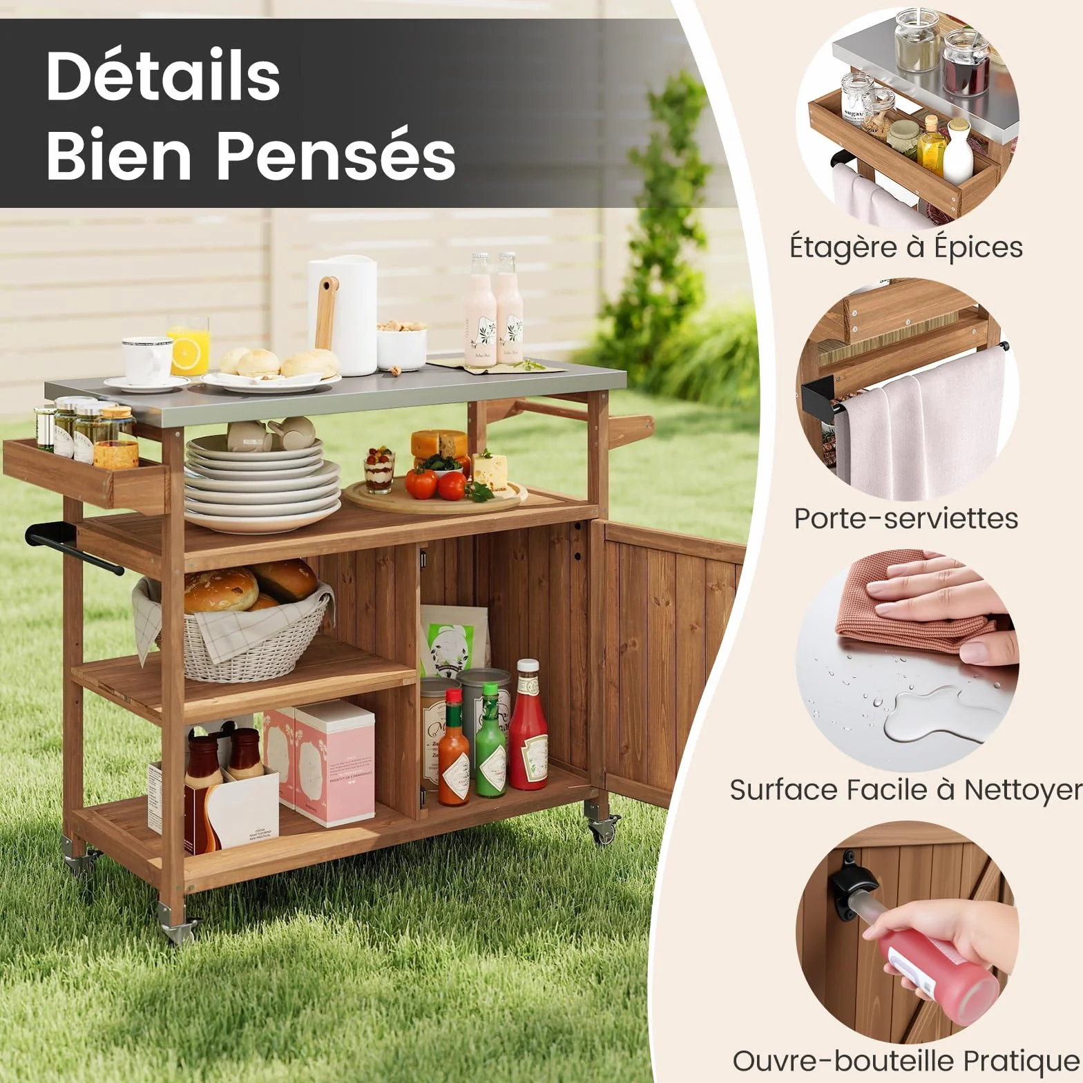 GOPLUS Desserte Jardin Barbecue en Bois, Plan de Travail Acier Inoxydable, 3 Étagères, 4 Roulettes, 47x118x92 cm