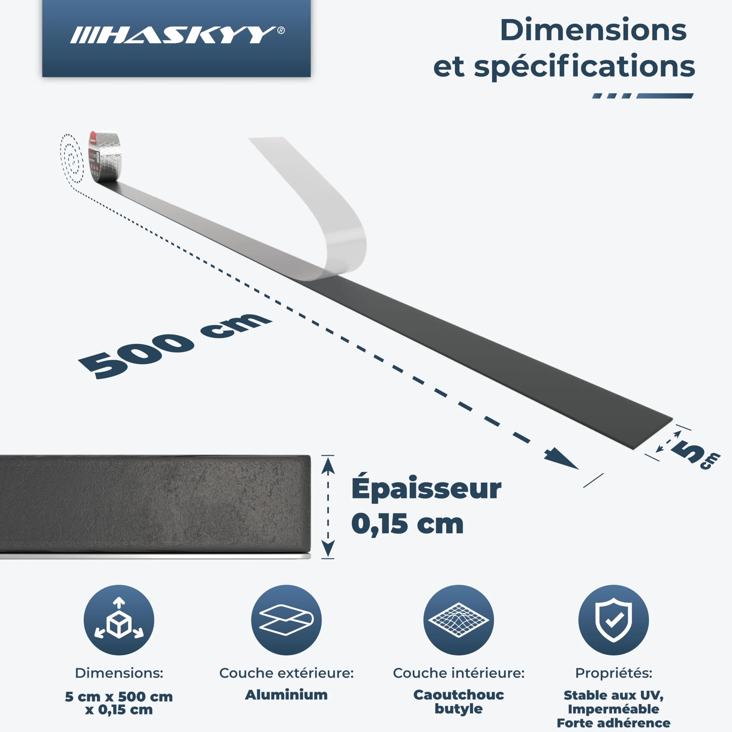 HASKYY Ruban d'étanchéité en butyle 50mm x 5m Bande adhésive aluminium imperméable réparation argent