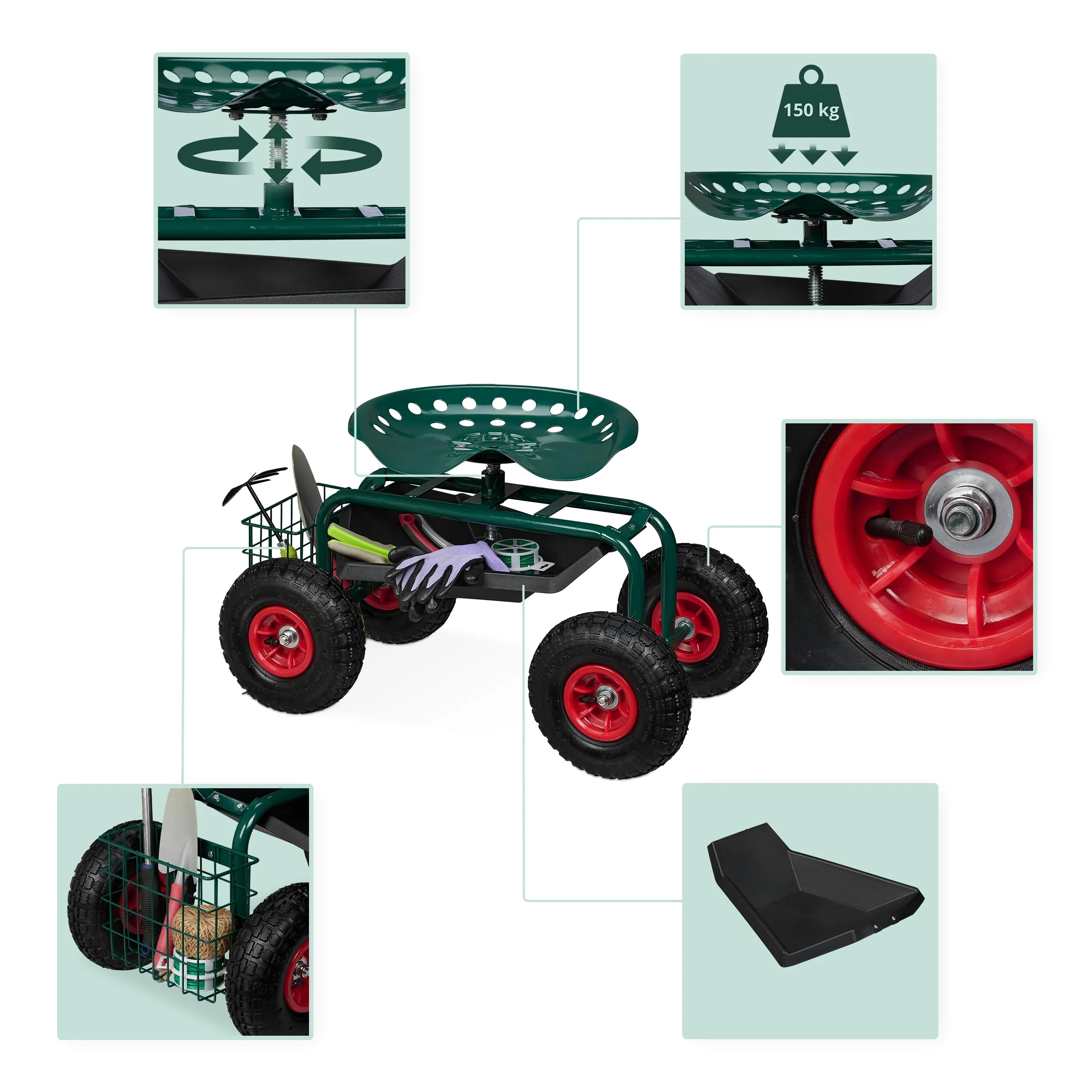 Relaxdays Siège Roulant de Jardin, Hauteur réglable, 150 kg, Accessoire Jardinage, Roues pneumatiques, Vert