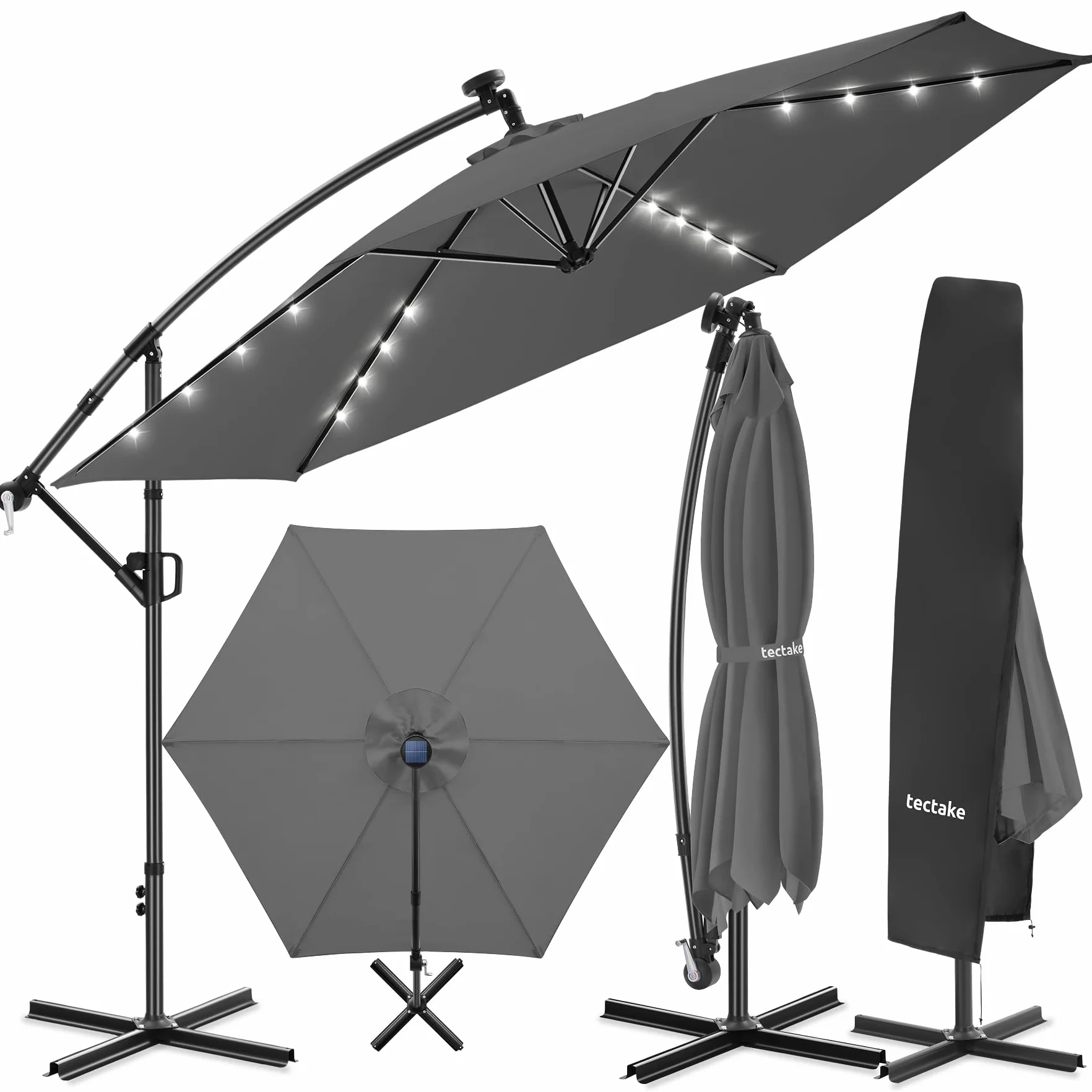Tectake Parasol déporté 3,5 x 3,5 m avec Éclairage LED Pivotant 360° Inclinable UV 50+ Panneau solaire Jardin Terrasse