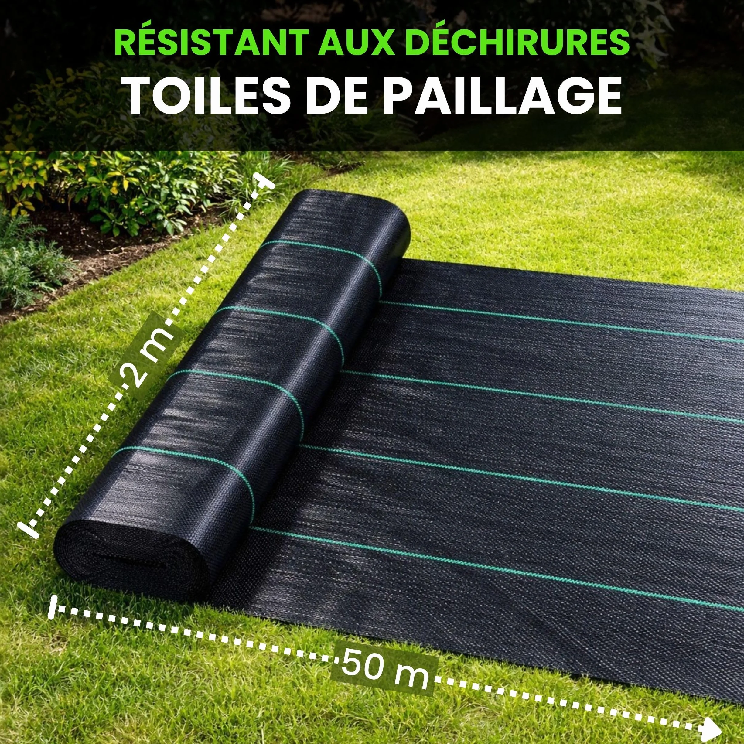 Toile de Paillage 2m x 50m Géotextile Anti Repousse Bache Jardin Anti Mauvaises Herbes 100g/m² Résistant Déchirures Perméable Eau UV