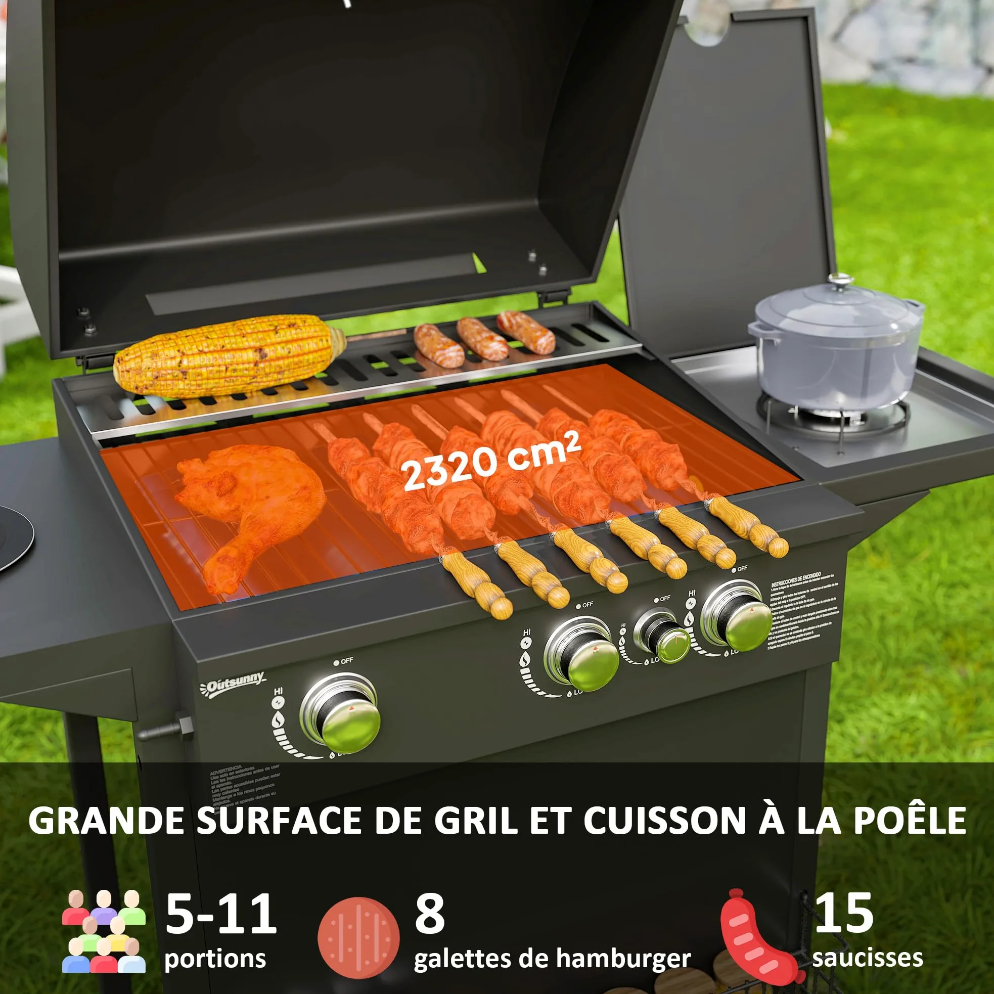Outsunny Barbecue gaz 3+1 brûleurs en acier, puissance 9,5 kW, barbecue de jardin 2 grilles en chromé, étagères latérales, 2 roues, thermomètre, couvercle, pour camping et terrasse, noir