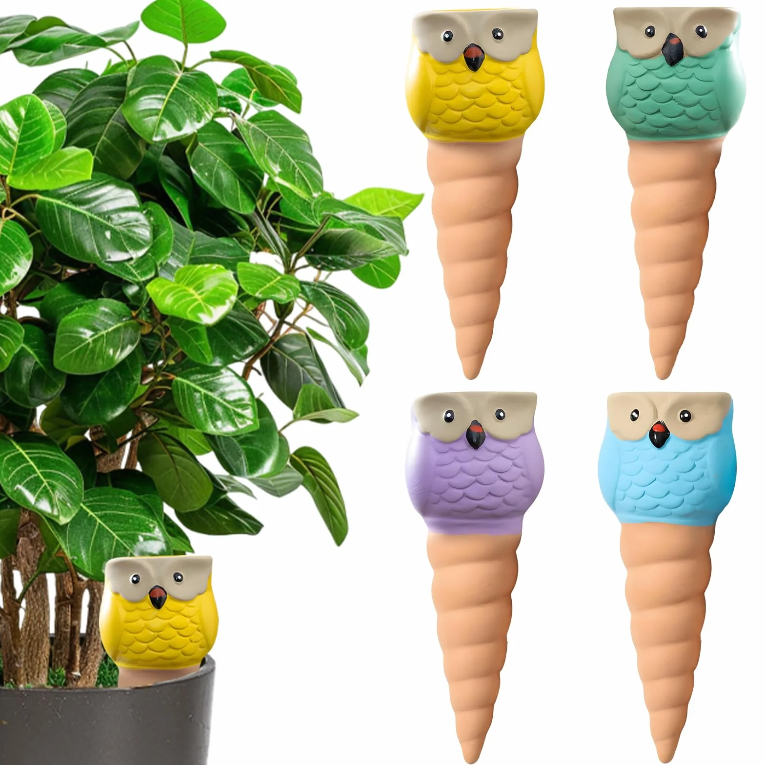 Cône en Argile Goutte à Goutte, Ollas Terre Cuite à Planter 4Pcs, Hiboux Arrosoir Plante Interieur, Arrosage Goutte Automatique pour Plante, Globes Arrosage Plantes, Distributeur Eau Plante