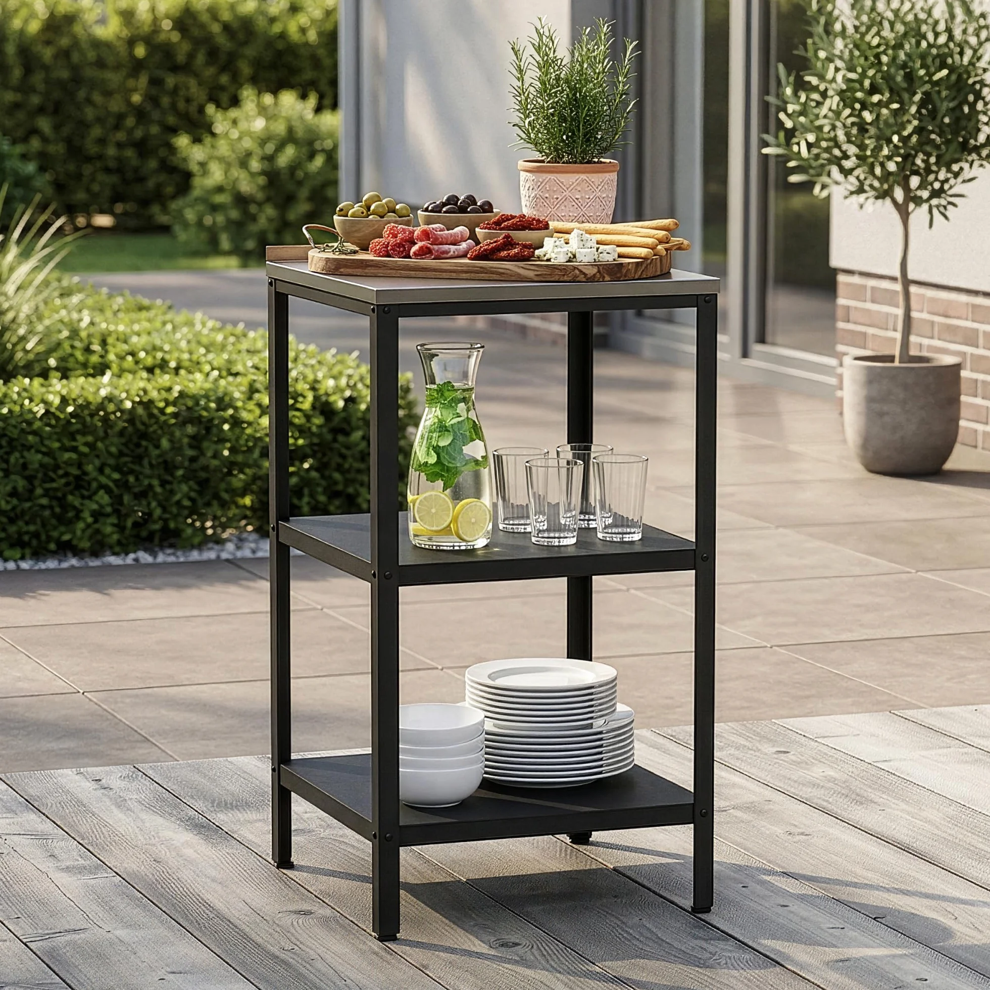 Étagère d'Extérieur Bolognano 3 Niveaux Acier 92 x 50 x 50 cm Noir Mat Argent