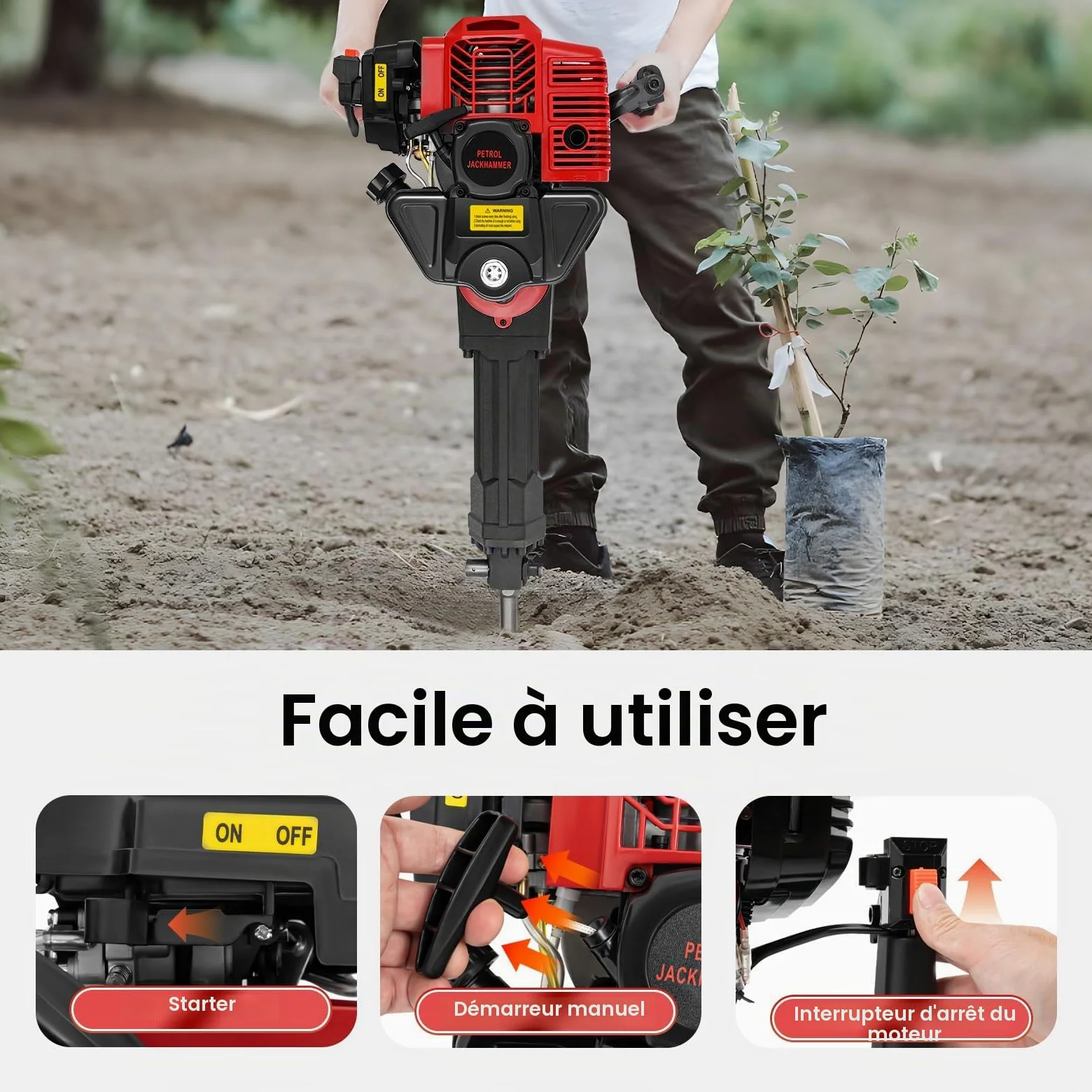 Pelleteuse à Essence 3en1 avec Pelle,Picots Pointus,Hachette Pointue Plate | Levkitch 1900 W 52 cc 2 temps, Démolisseur Manuel à Essence Marteau à Démolition