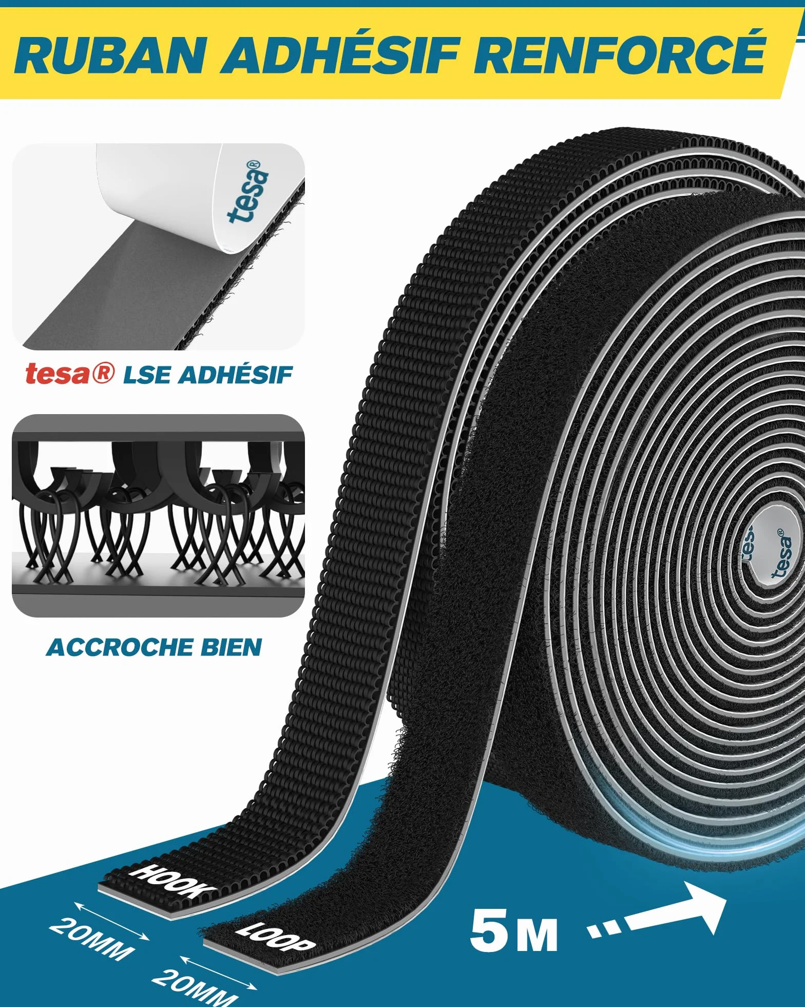 Ruban Adhésif Double Face EMITEVER Auto-Adhésif Crochets et Boucles 5M x 20mm Noir