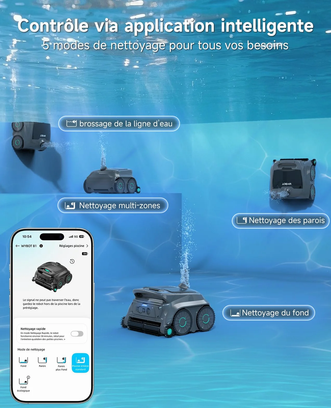 WYBOT OS600 Robot Piscine sans Fil, Nettoyage Fond et Parois, Autonomie 120 Min, Navigation Intelligente