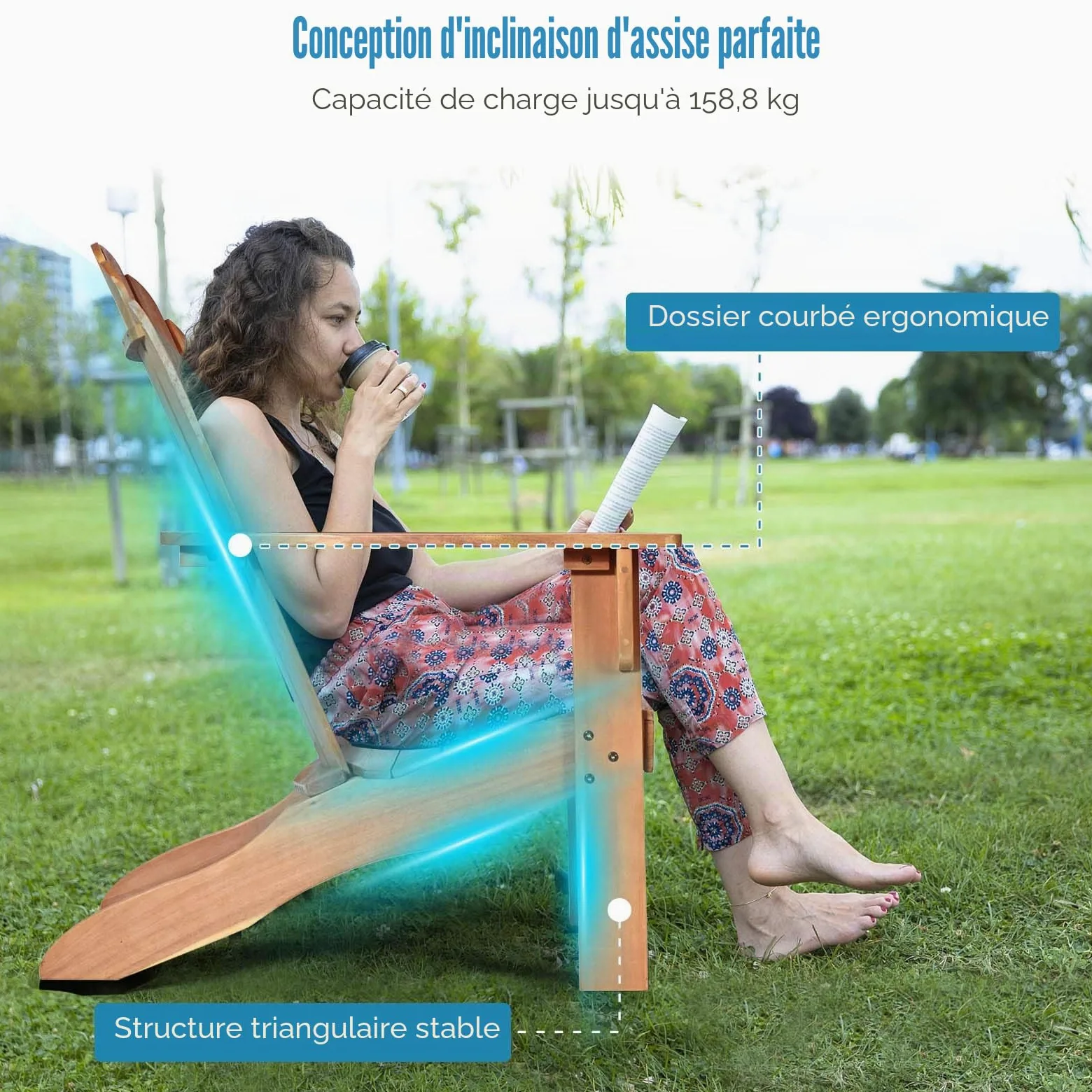 GIANTEX Fauteuil de Jardin en Bois, Fauteuil Adirondack avec Accoudoirs& Dossier Confortable, Chaise de Relaxation, Supporte 160 kg, Chaise Longue Exterieur pour Jardin, Patio, Terrasse (Naturel)