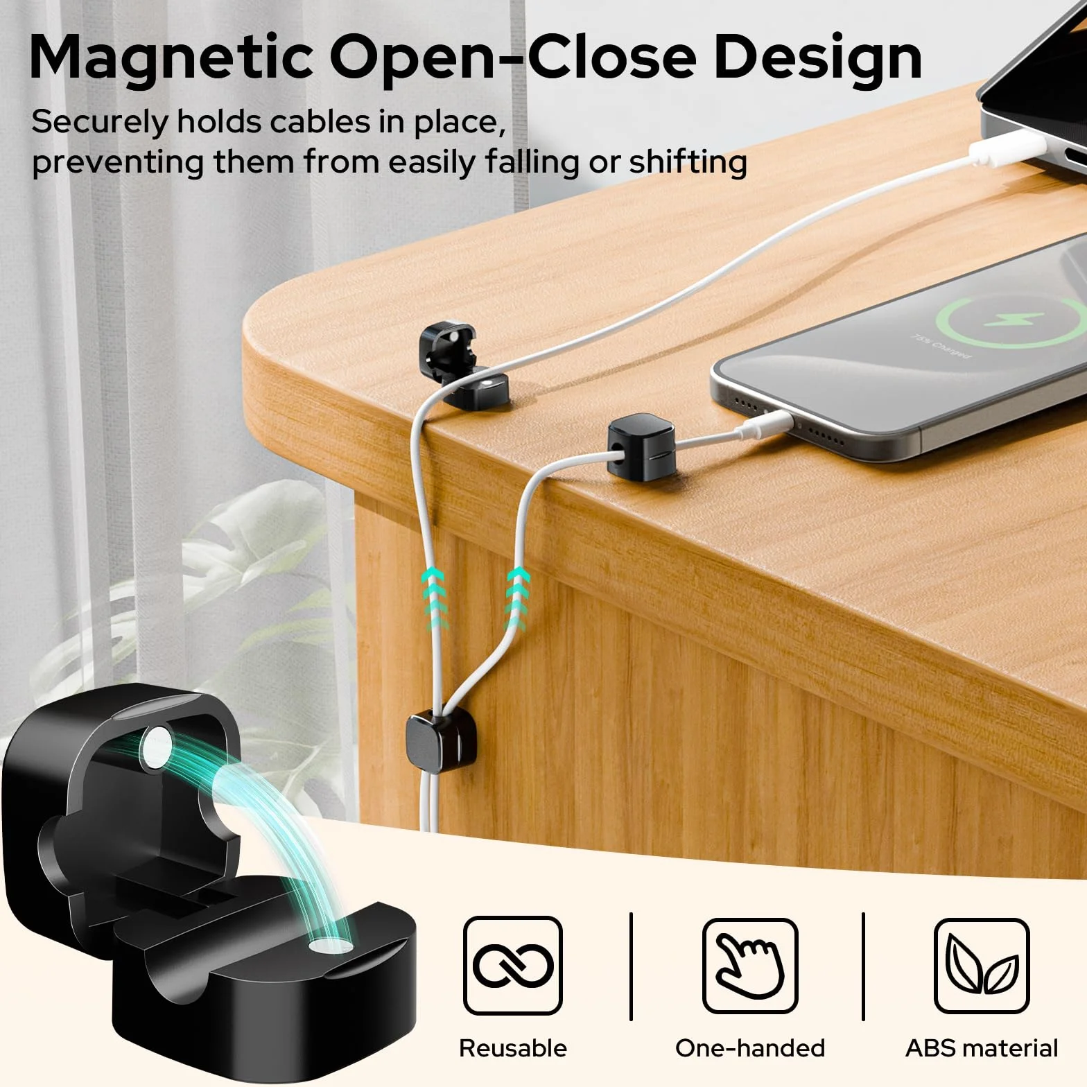 Euqvunn Support Cable Magnetic Cable Clips, Câble Lisse Réglable, Auto-Adhésif Accroche Cables, Organisateur de Cable Noir