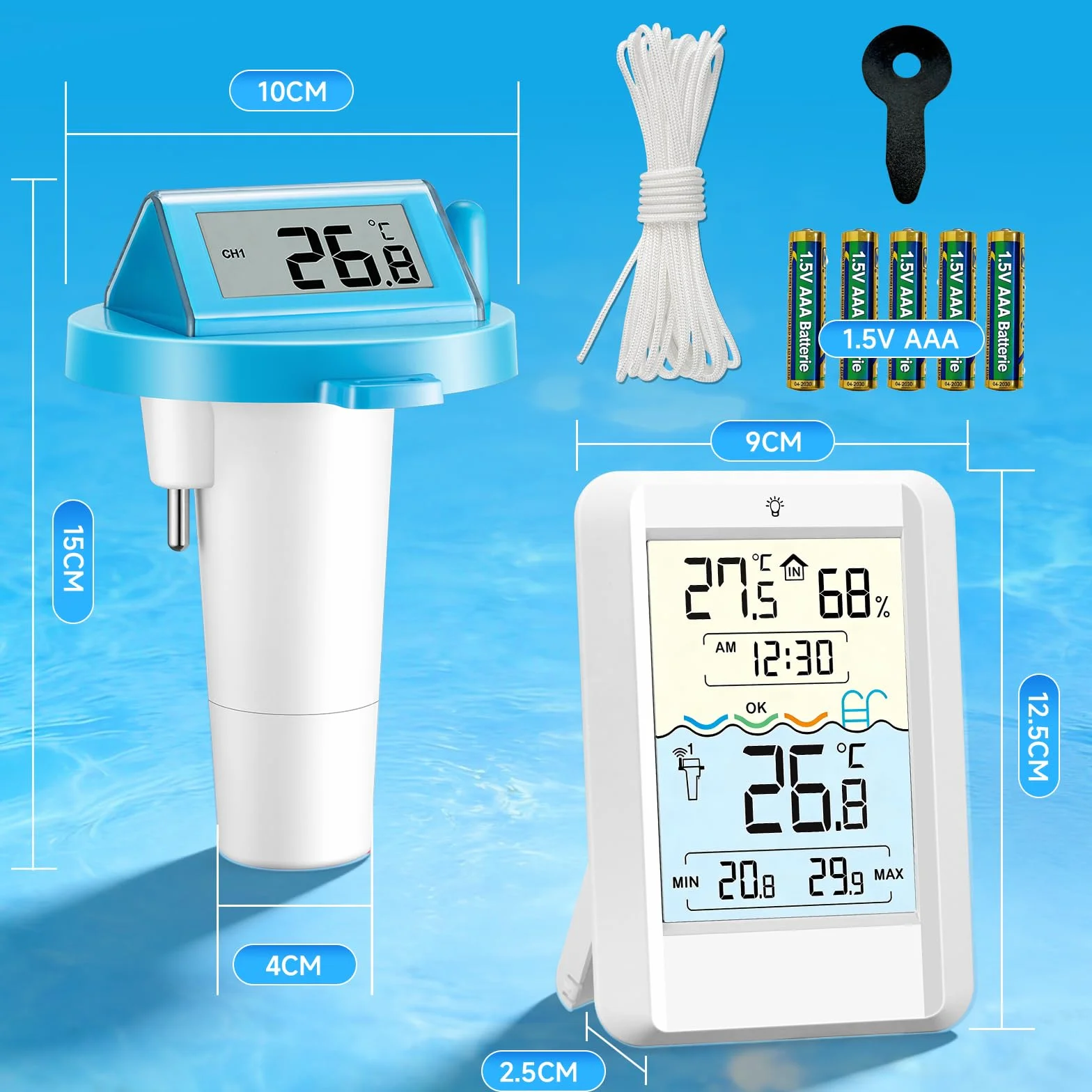 Warmfay Thermomètre de piscine numérique sans fil solaire batterie IP68 récepteur 70 m
