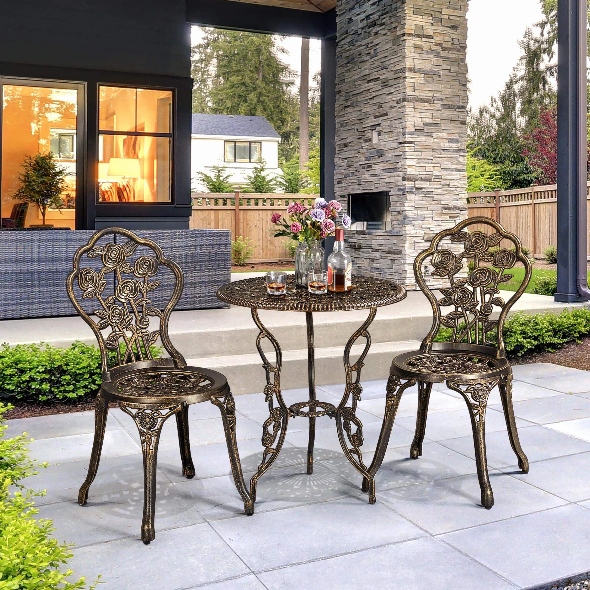 Yaheetech Ensemble de Table et Chaise Salon de Jardin Balcon Kit de Bistro 2 Chaises 1 Table en Alliage Aluminium Bronze