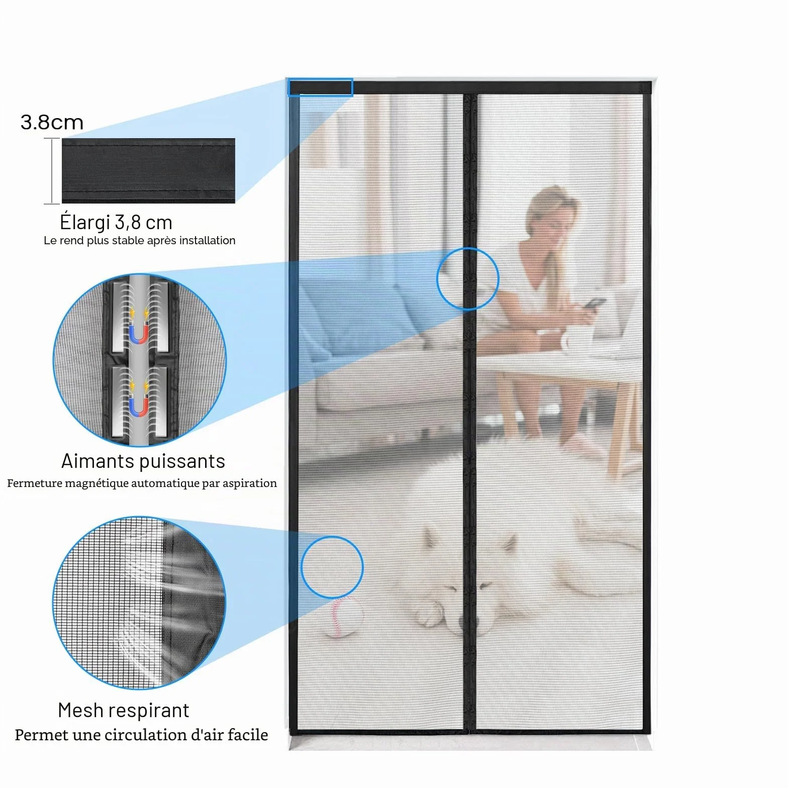 Moustiquaire Porte Fenêtre 120x220 cm Maillage Fine Noire Magnétique Anti Mouche Bande Velcro 3.8 cm