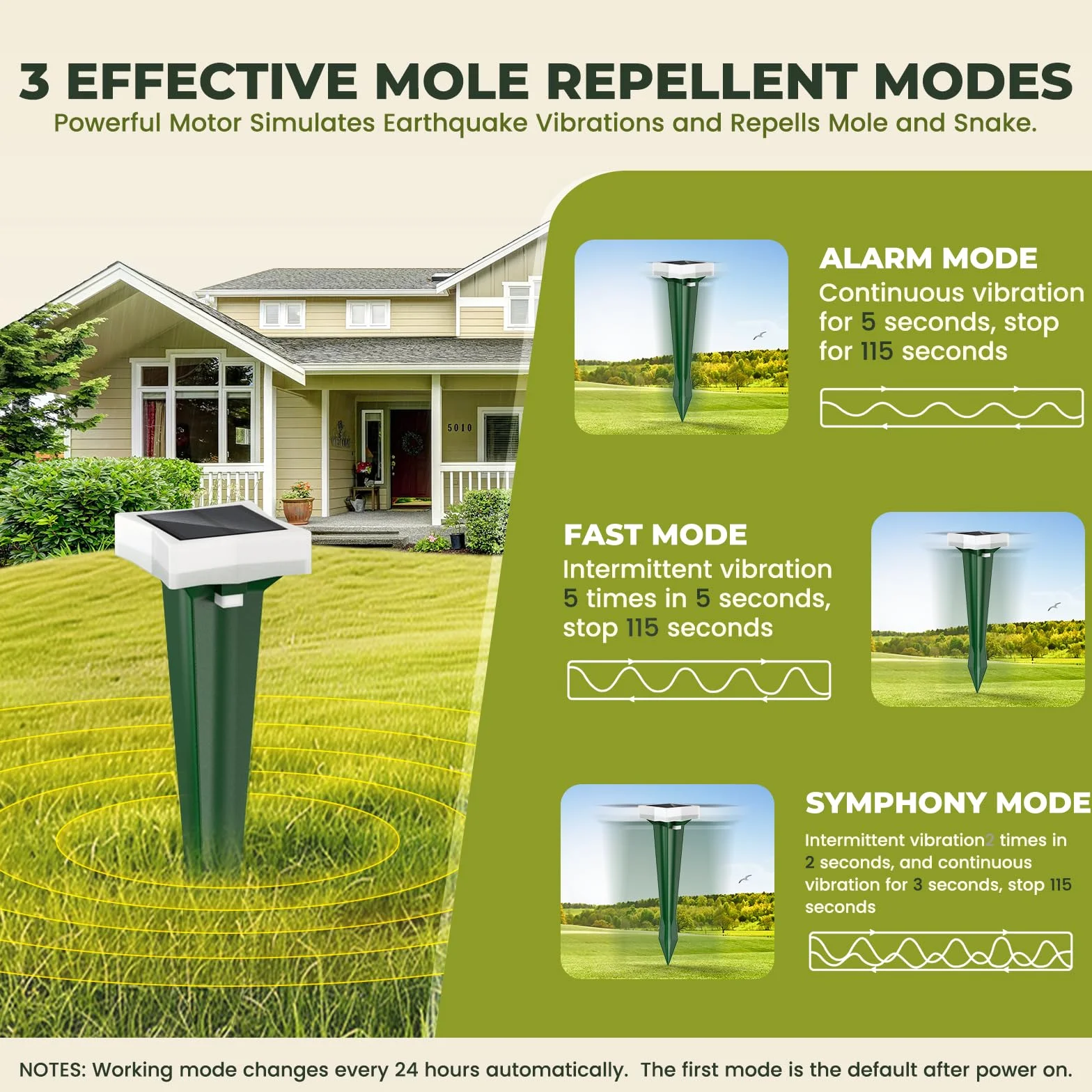 Anti Taupe Solaire Étanche 3 Modes Vibration LED, Répulsif Taupe Serpent Rongeurs Jardin 2 Pièces Vert