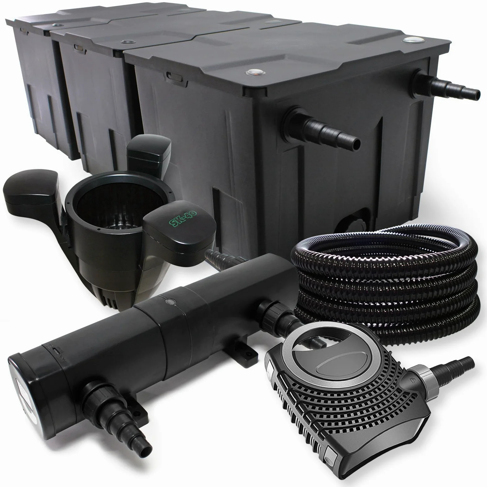 WilTec Kit Complet: CBF-350C Filtre de Bassin jusqu'à 90000L Biologique, NEO10000 Pompe de Filtration 10000l/h 80W, CUV-224 Lampe UV 24W, 25m Tuyau 25 mm, SK-40 Écumeur 3000l/h 60W